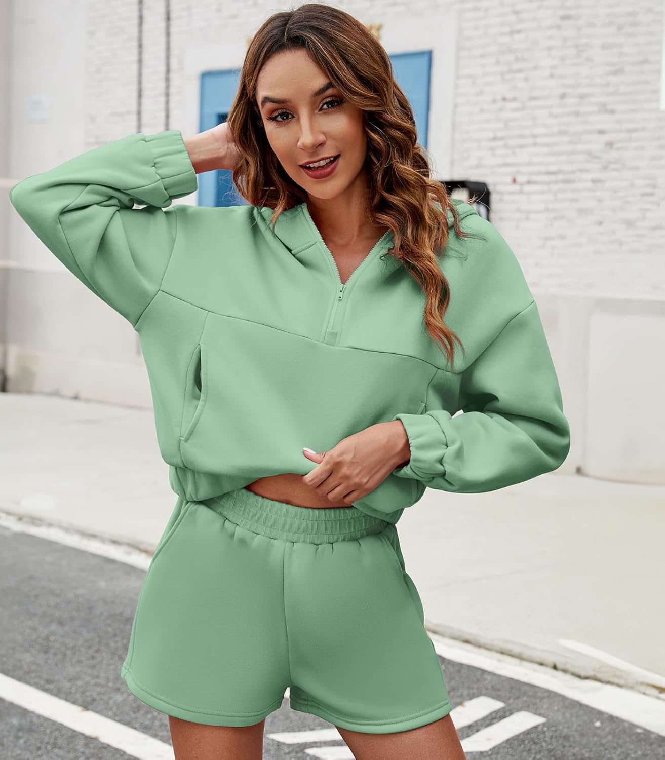 FKEEP Womens 2 Piece Sweatsuit Outfits Half Zip Hoodie Sweat with Shorts Pockets Lounge Winter Tracksuit Wear Matching Set - Image 2