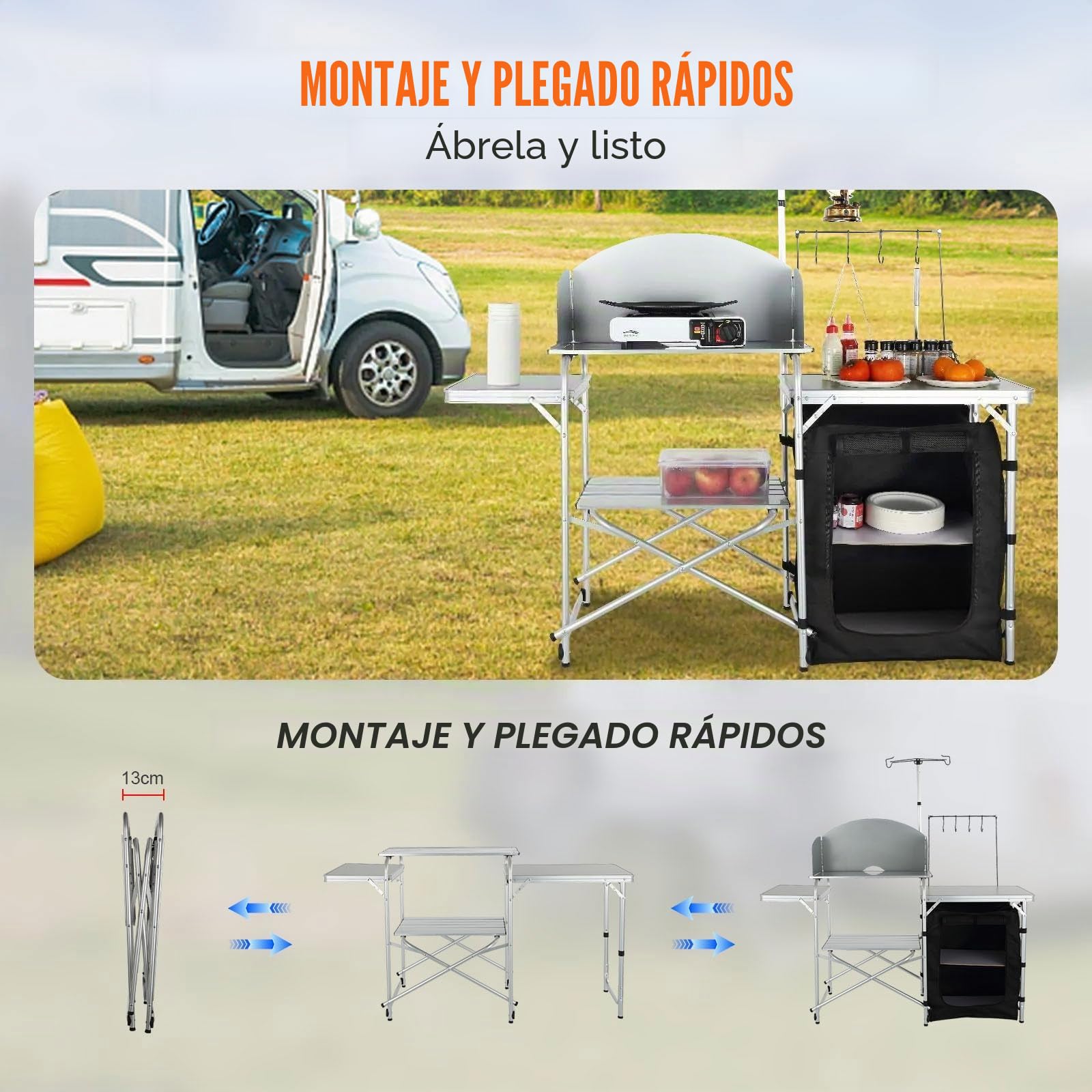 VEVOR Mesa de Cocina para Camping Plegable para Exteriores con Bolsa de Transporte, Estación de Cocina de Aluminio, 1 Armario y Parabrisas Desmontable, Montaje Rápido para Pícnics, Barbacoas, Negro