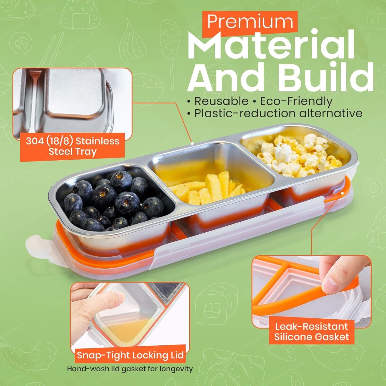 Stainless Steel Bento Box Snack Containers – 3-Compartment Leakproof Lunch Box, Reusable Metal Food Storage for Kids & Adults, School, Travel, Camping, Gift Set - Image 4