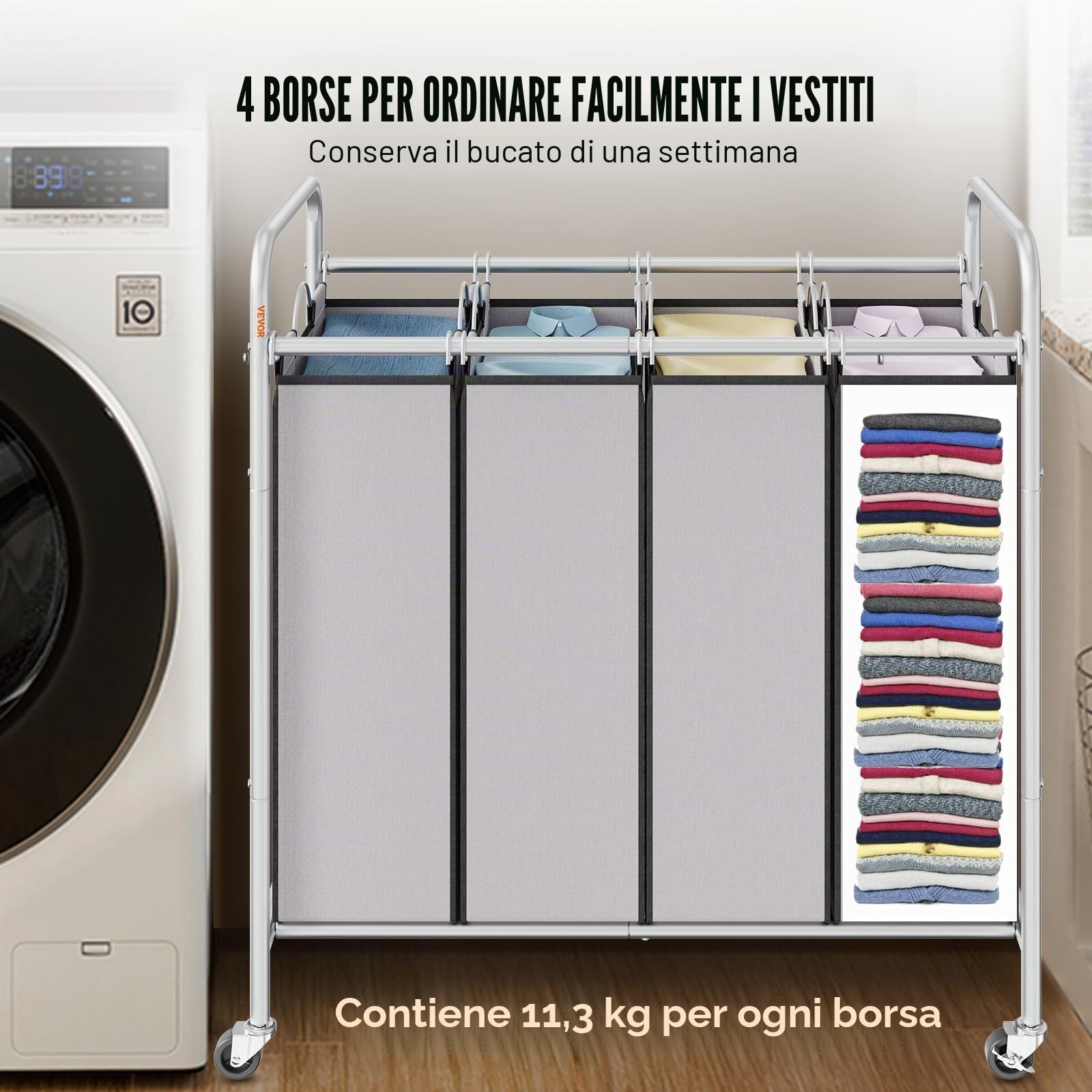 VEVOR Carrello Portabiancheria a 4 Sezioni, 765x406x865 mm Cesta Porta Biancheria con 4 Sacchi Rimovibili Tessuto Oxford, Portabiancheria Mobile in Ferro con Ruote in Gomma Carico 20KG per Lavanderia