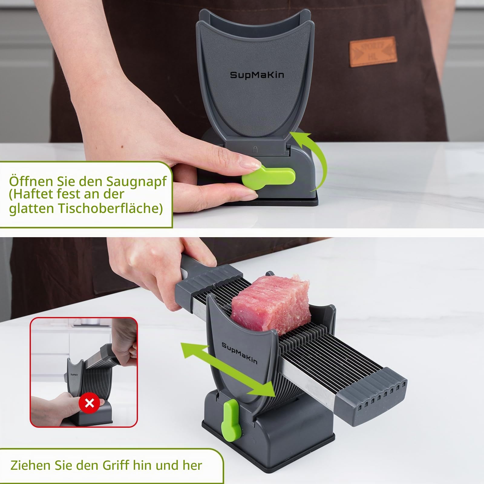 Fleischschneider für den Heimgebrauch, dick, verstellbar 2 oder 4 mm, 17-in-1 Edelstahl, manueller Fleischschneider, Hackmesser, Trockenschneider, Anzug für Hühnerbrust, Rind, Schweinefleisch (grau)
