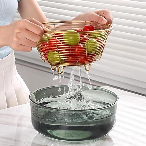 Miniatura 3 de Colador de oro de acero inoxidable, cesta de drenaje de fondo plano de frutas, colador de metal para alimentos de oro rosa para frutas y verduras