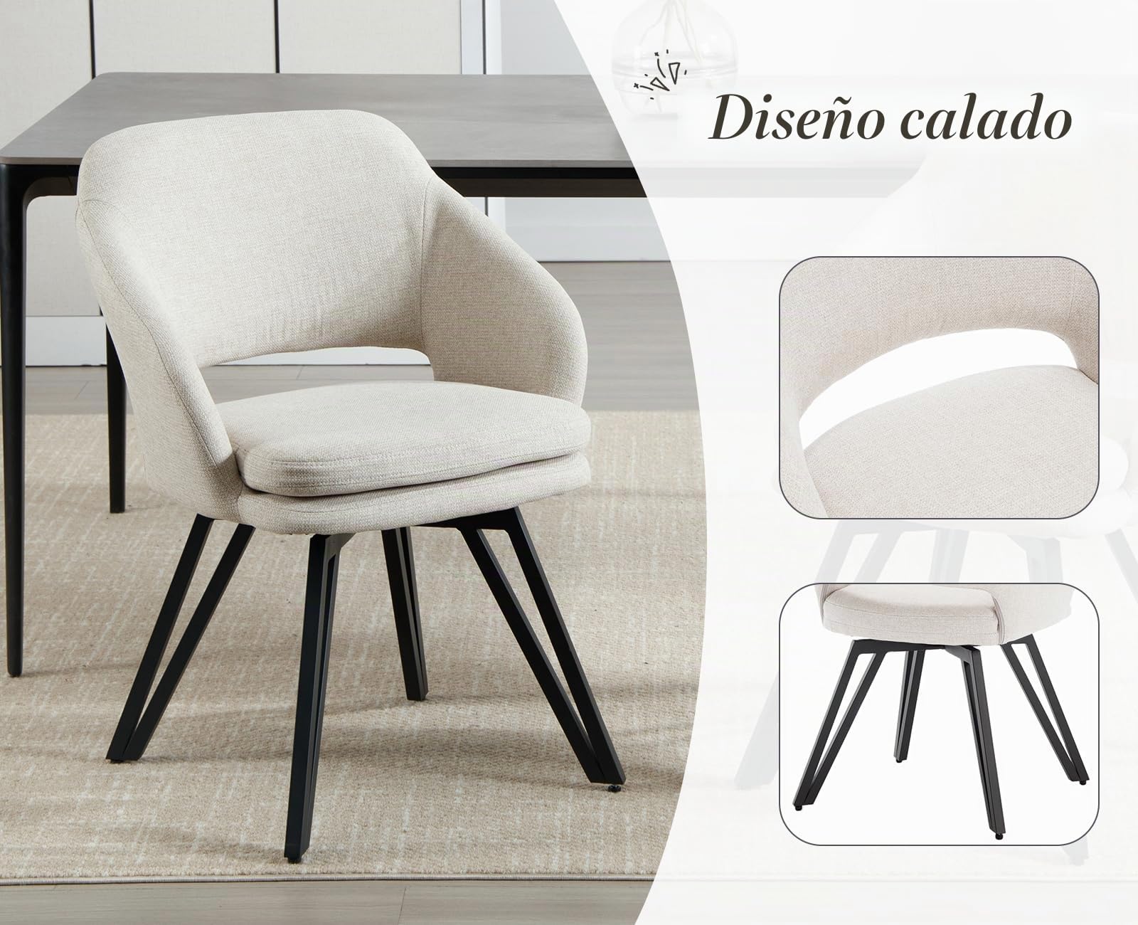 chairus Juego 2 de Sillas Cocina Tapizadas de Lino Sillas de Comedor Modernas Giratoria con Patas de Metal, Sillas Restaurante diseñas con Cojín Doble para Hogar/Cafetería, Avena
