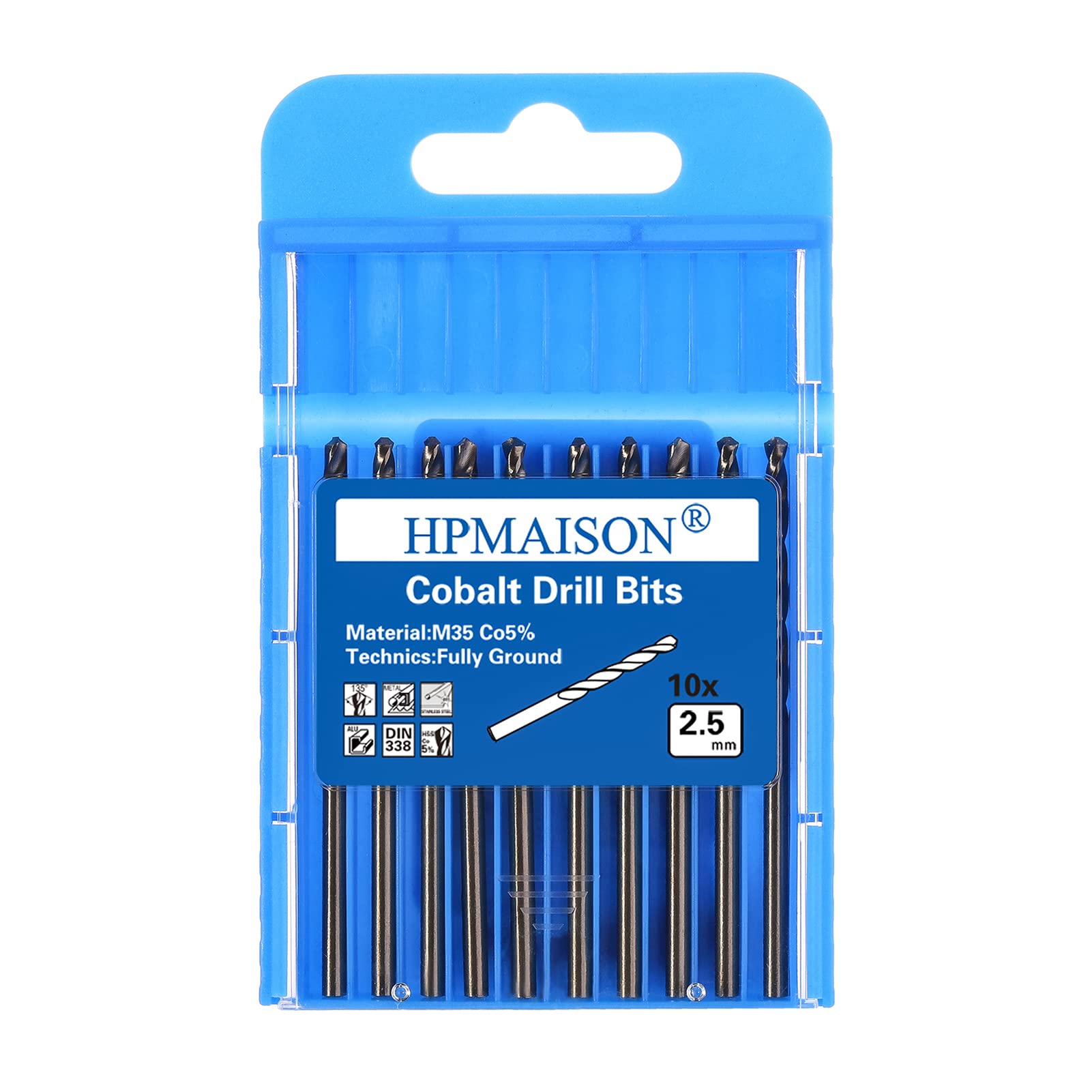 HPMAISON 10 Stück 2,5mm M35 HSS Cobalt Bohrer Kobalt Jobber Bohrer Set Spiralbohrer zum Bohren auf Edelstahl, Metall, Aluminium, Holz, Kunststoff