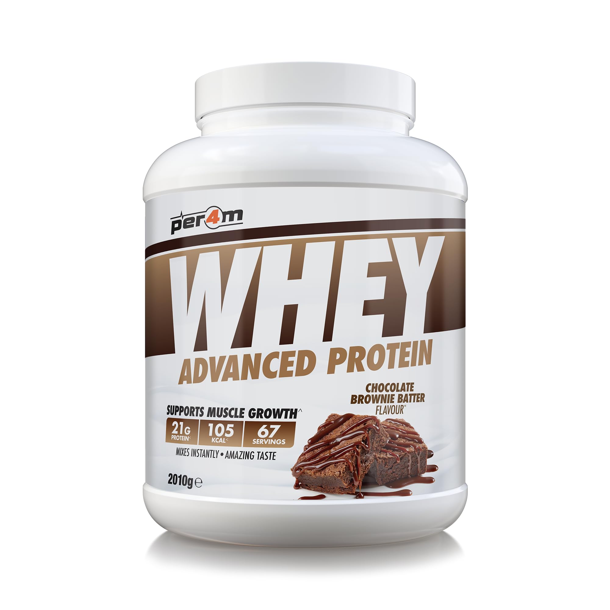 Per4m Whey Protein Powder | High Protein Shake for Muscle Growth & Recovery | Low Sugar Gym Supplement | Sports Nutrition Drink + Amino Acids (2010g, Chocolate Brownie Batter)