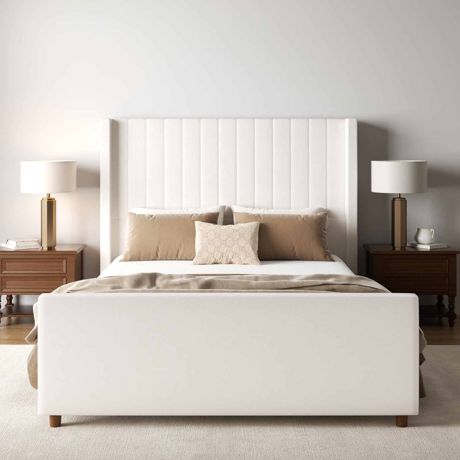 Queen Size Bed Frame, Upholstered Platform Bed with 58.2" Tall Headboard & Footboard, Soft Velvet Fabric, No Box Spring Required, Easy Assembly, Beige