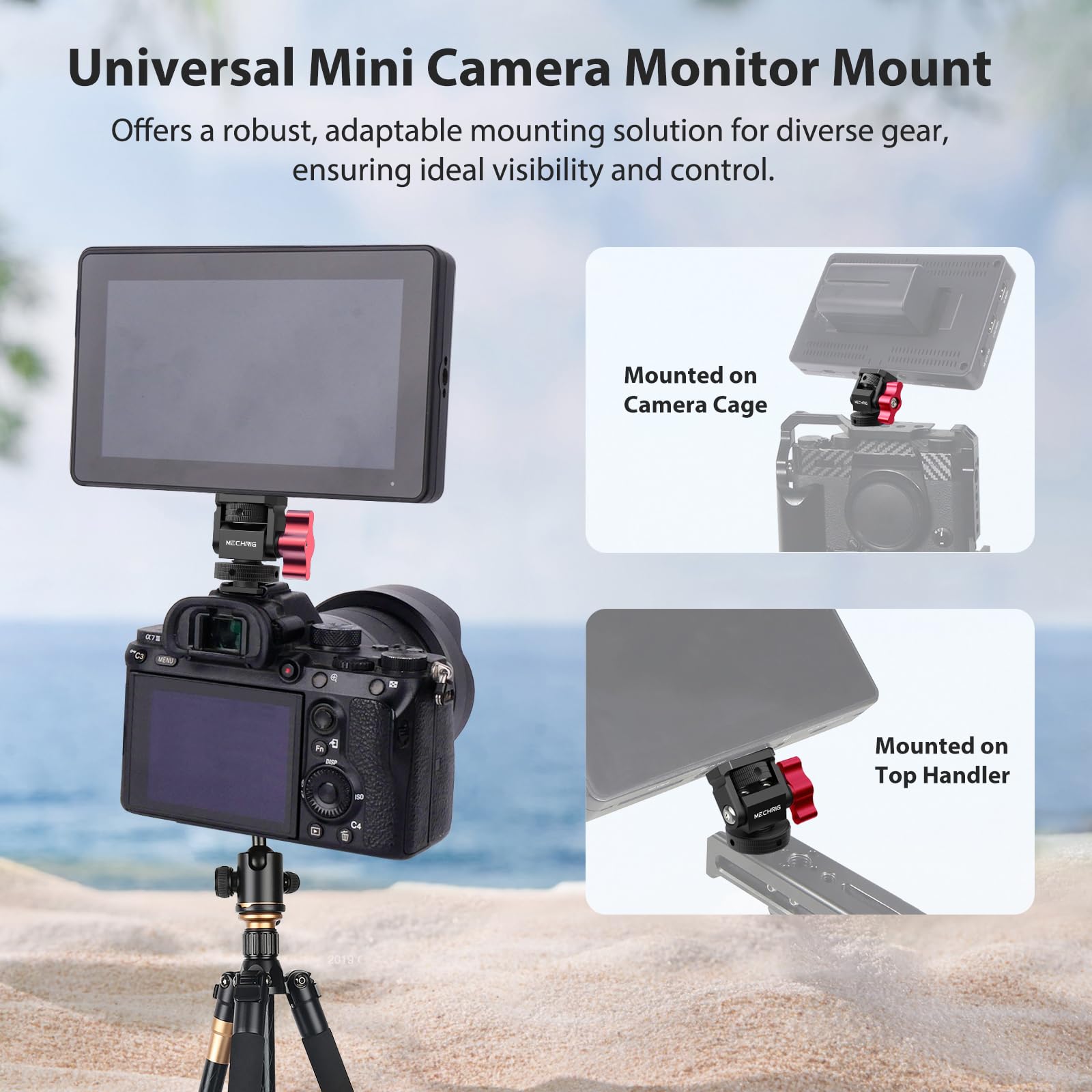 Support de moniteur pour mini caméra avec griffe, support de moniteur en aluminium avec vis 6,35 mm pour cage de micro à lumière LED, adaptateur de griffe pivotant à 360° et amortissement