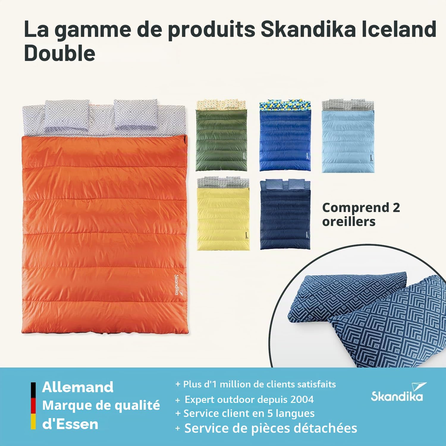 Skandika Sac de Couchage rectangulaire Iceland Double | Sac de Couchage Adulte 2 Places, 3 Saisons, avec/sans Flanelle, utilisable comme Sac de Couchage Individuel