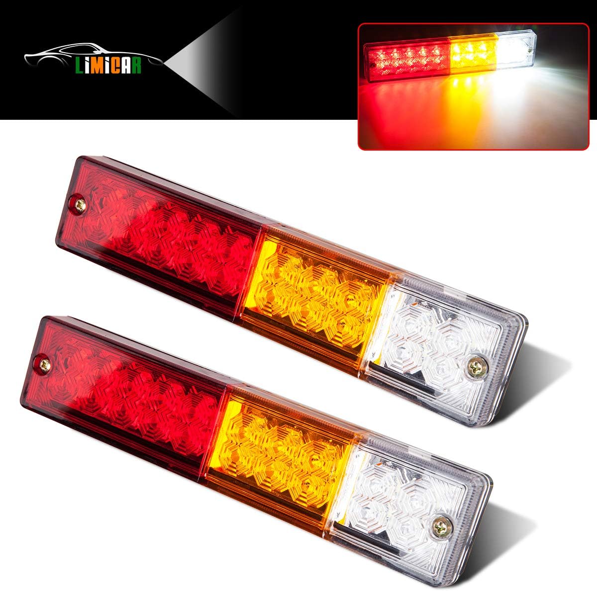 LIMICAR 20 LED Trailer Tail Lights Bar Waterproof DC 12V Tail Turn Signal Reverse Brake Running Lights for Truck Trailer RV UTV Camper Red Amber White 2PCS