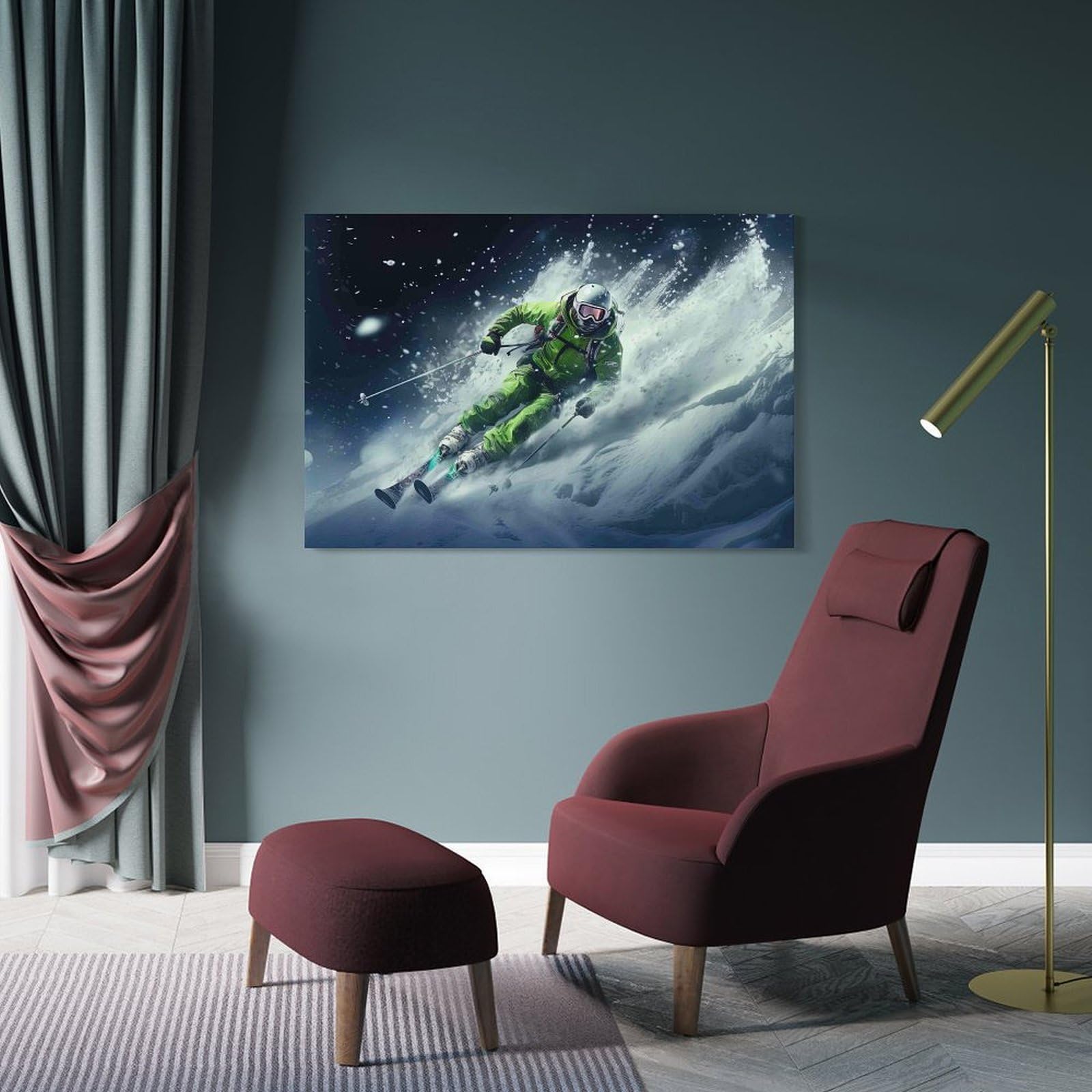 Sci Aventurista Azione Pezzo Singolo Green Gear Skier Rushing nevey Mountain Slope Arte Su Tela Per La Sala Da Pranzo Pronto Da Appendere Punto Focale Decorazione Per Interni Elegante 20x30inch(50x7