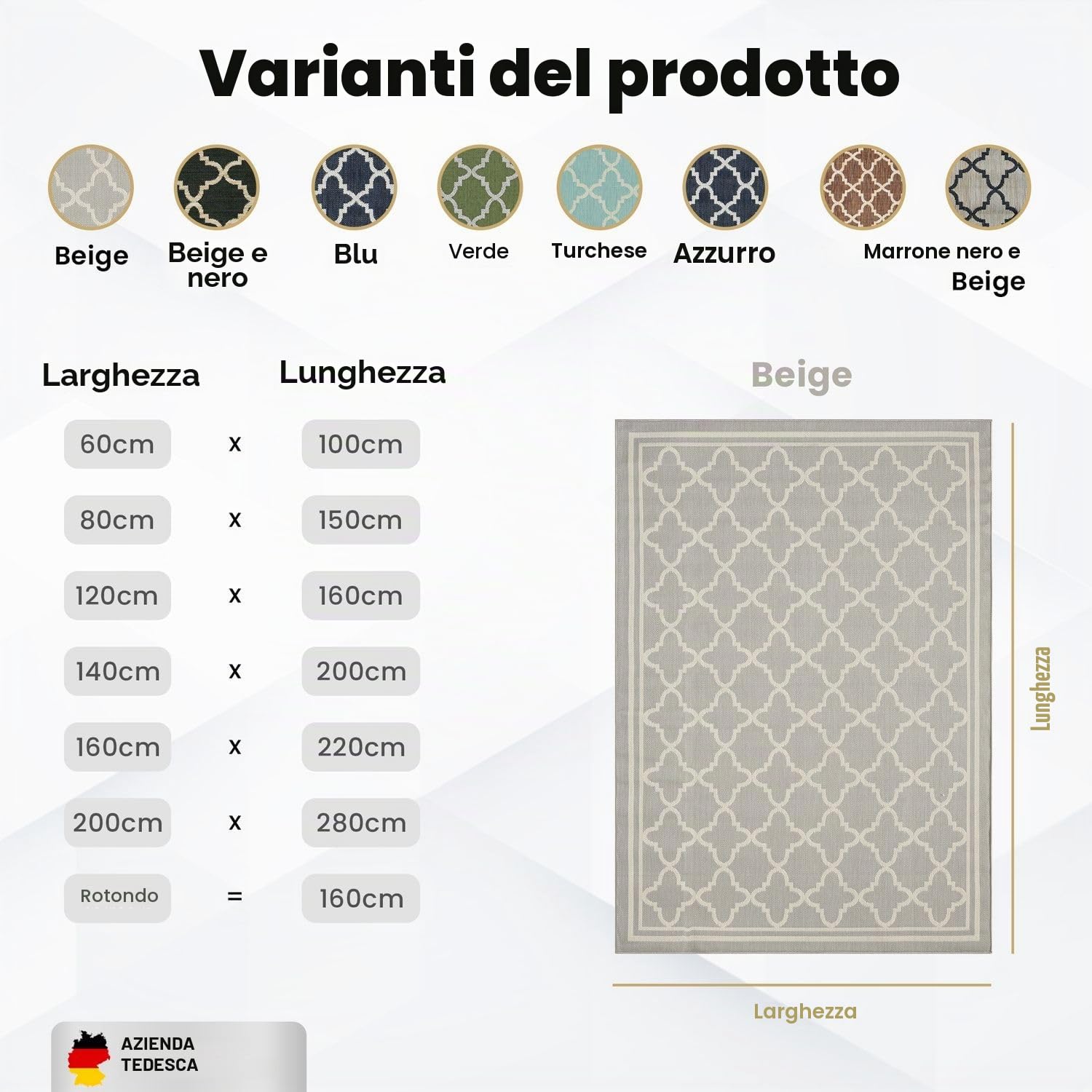 VIMODA Tappeto per interni ed esterni, tessuto piatto, per terrazzo, balcone, giardino d'inverno, robusto, design marocchino, colore beige, misure: 140 x 200 cm