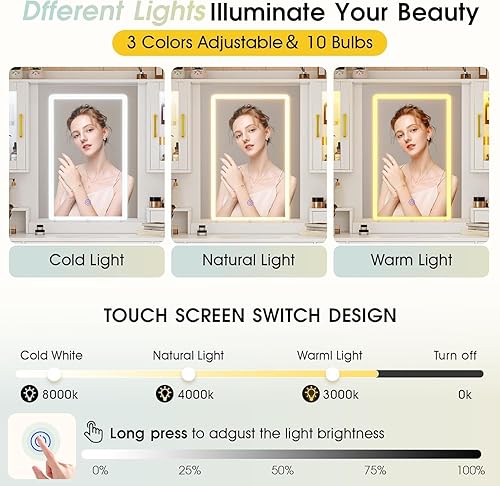 Miniatura 4 de Escritorio de tocador blanco con espejo y luces, moderno escritorio de tocador con estantes ajustables y luz LED, 6 cajones, estante para secador de