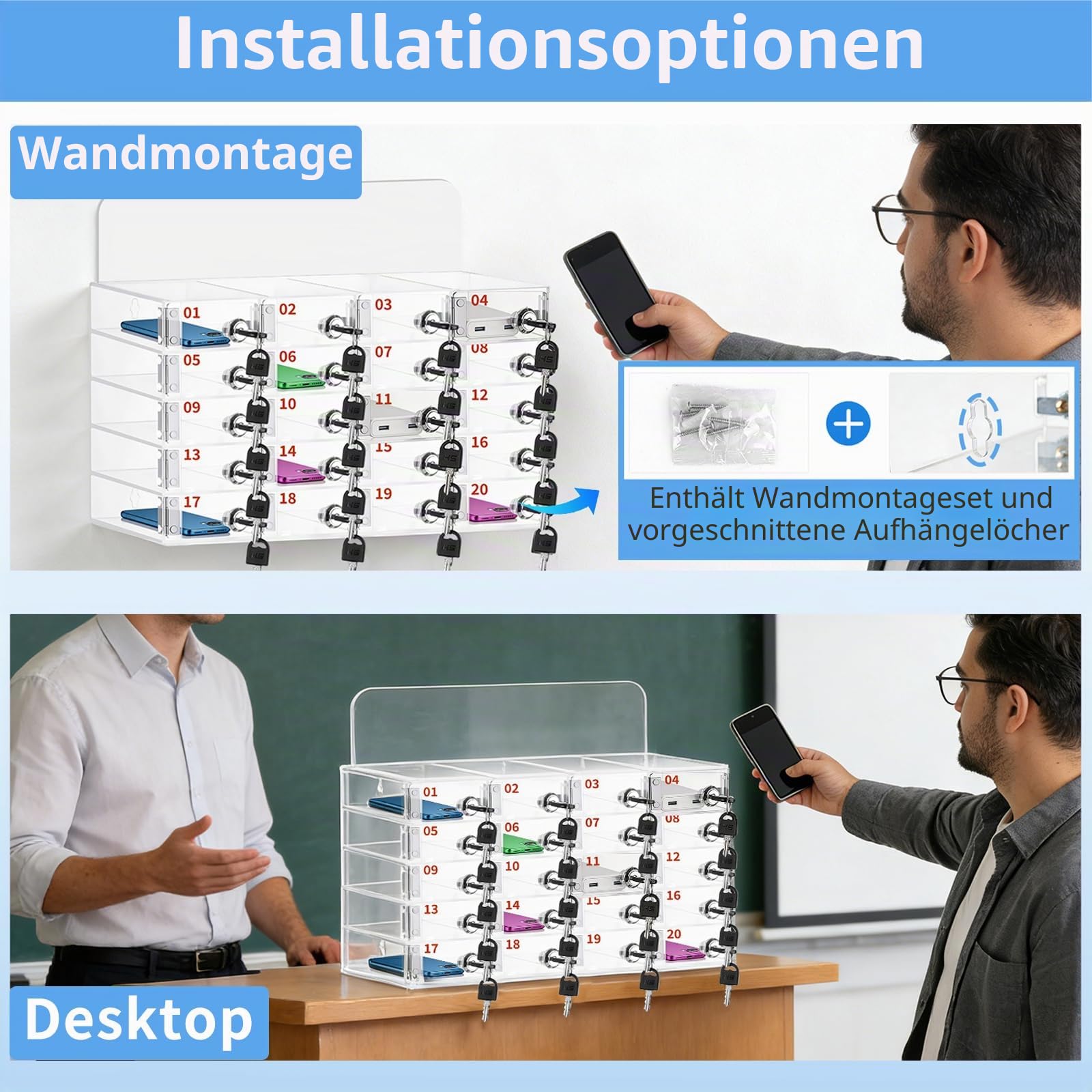 20 Fächern Handysafe mit Unabhängigen Schlössern, Handygarage Handytresor mit 40 Schlüsseln, Transparenter Acryl Handy Aufbewahrungsbox, Wandmontage für Schulen, Klassenzimmer, Büros, Fabriken