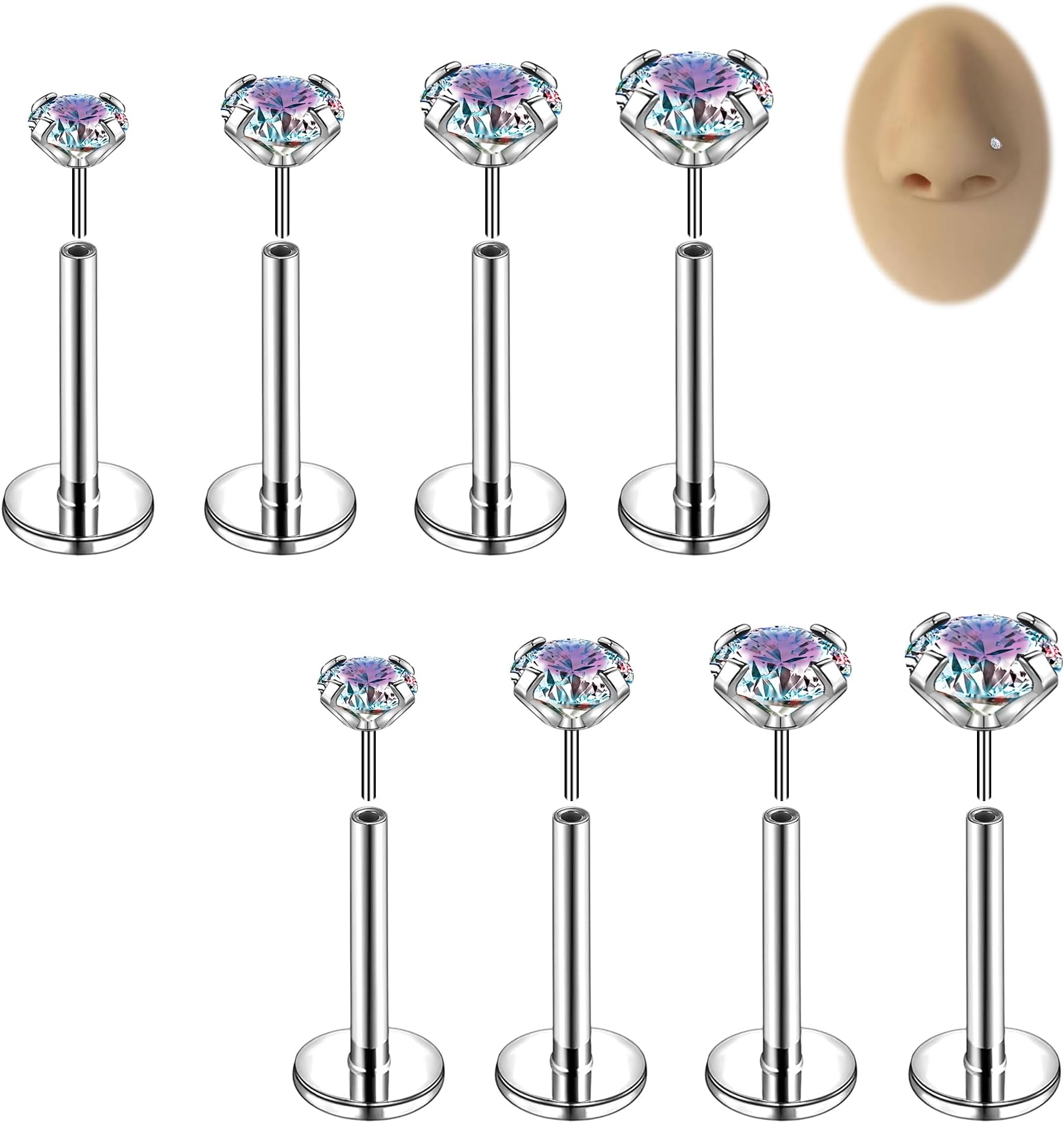 20g/18g Threadless Nose Rings Studs Flat Back Earrings Stud Surgical Steel Push in Nose Tragus Cartilage Lip Medusa Piercings Jewelry CZ 2/2.5/3/4mm