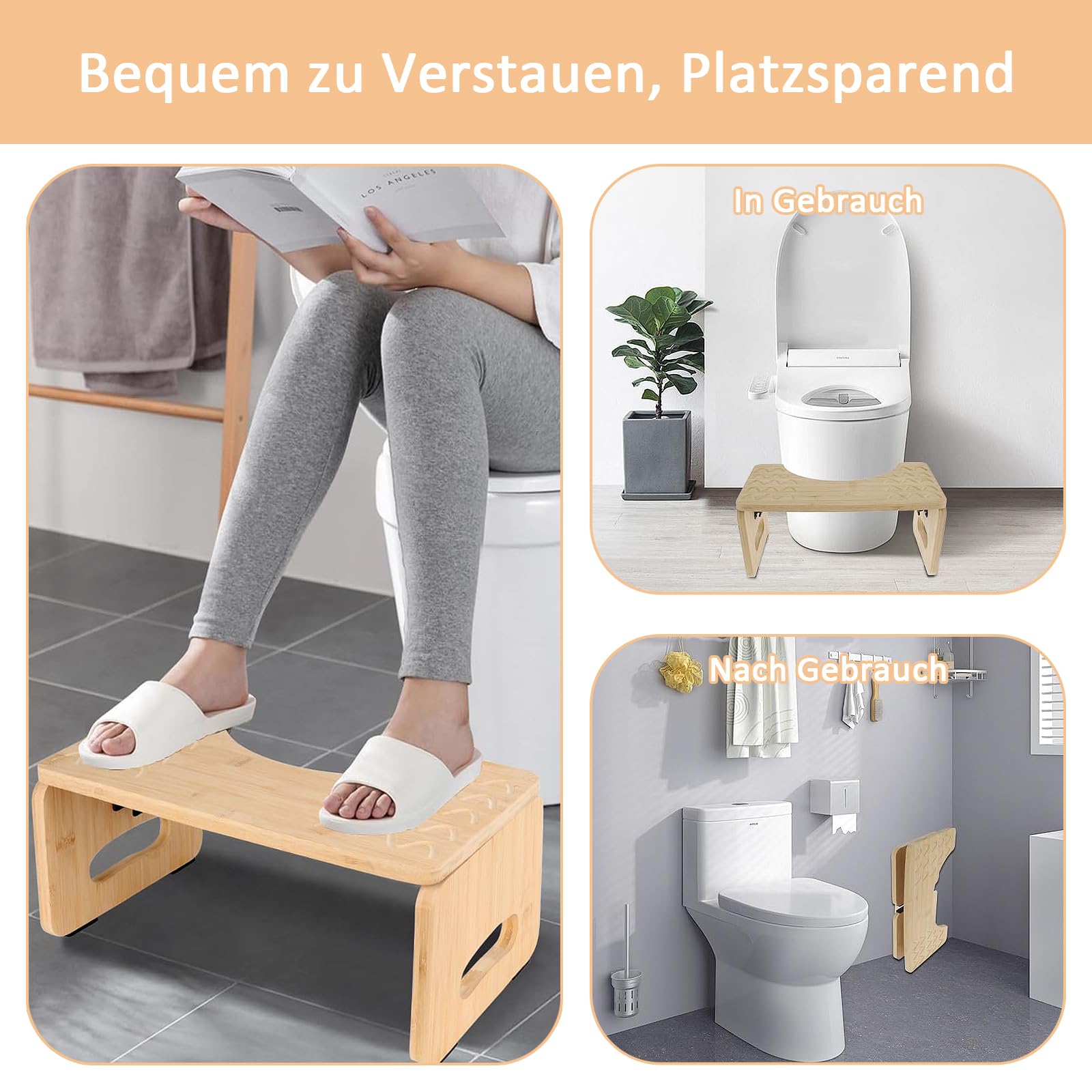 Sgabello da Toilette in Bambù, 40x21x18cm Sgabello Da Toilette in legno, Portata 100 kg, Sgabello da Toilette Pieghevole, Pedana WC a Forma di C con Cuscinetti Antiscivolo, Per Regolare la Postura