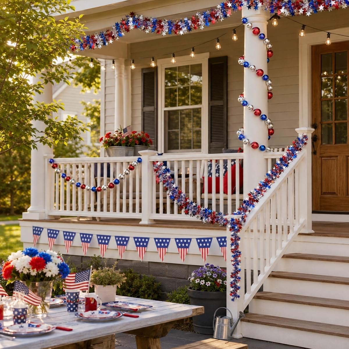 Patriotic Decor Set, 2 Pack 9.8FT Tinsel Garlands, 9.8FT Bead Garland & 26FT Triangle Pennant Banner with 25 Flags, 4th of July Decorations Garland, Patriotic Garland for Mantle