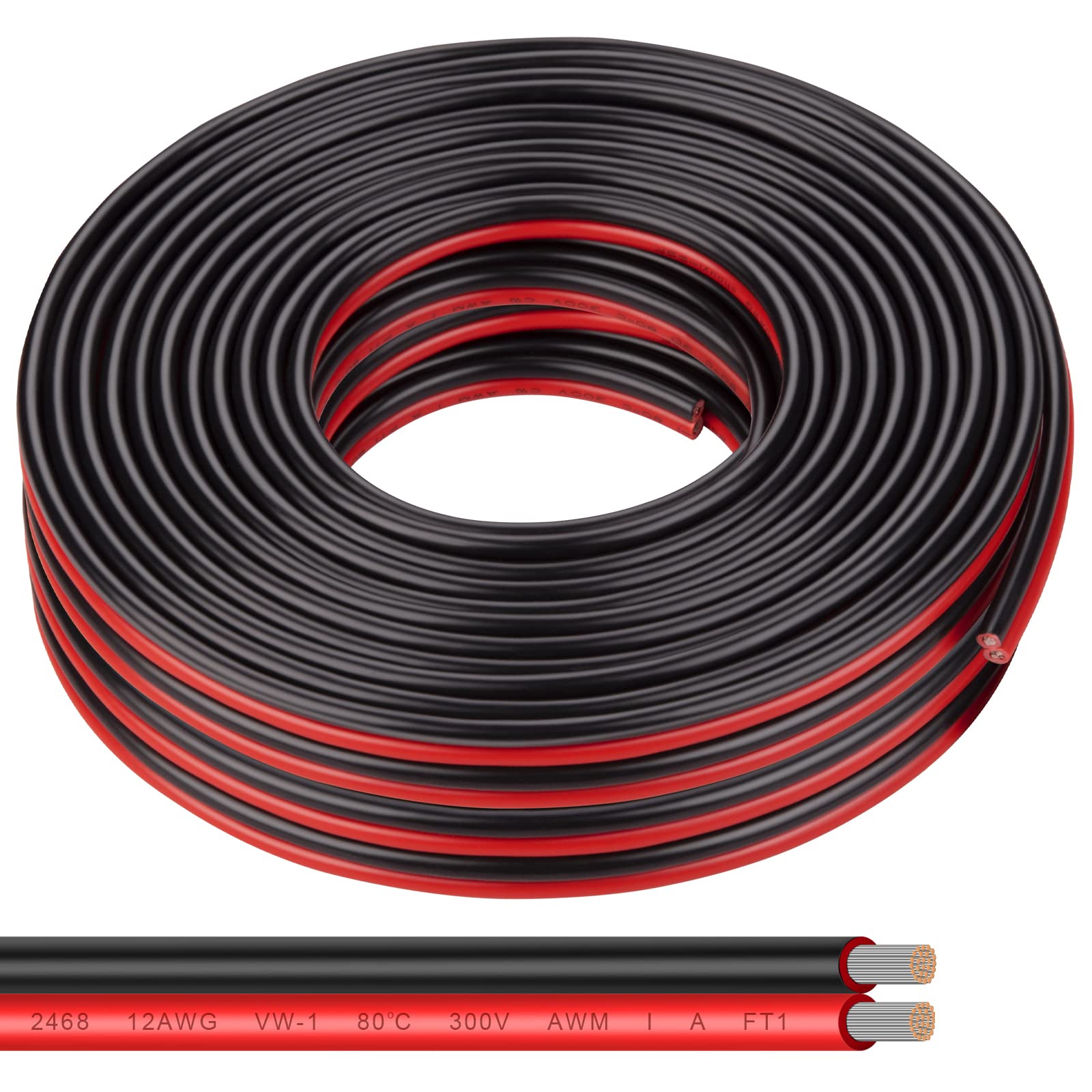 Fil électrique en cuivre étamé 12 AWG – 15,2 m, 2 conducteurs parallèles, noir, isolation en PVC, panneau solaire, LED, automobile, camping-car, onduleur