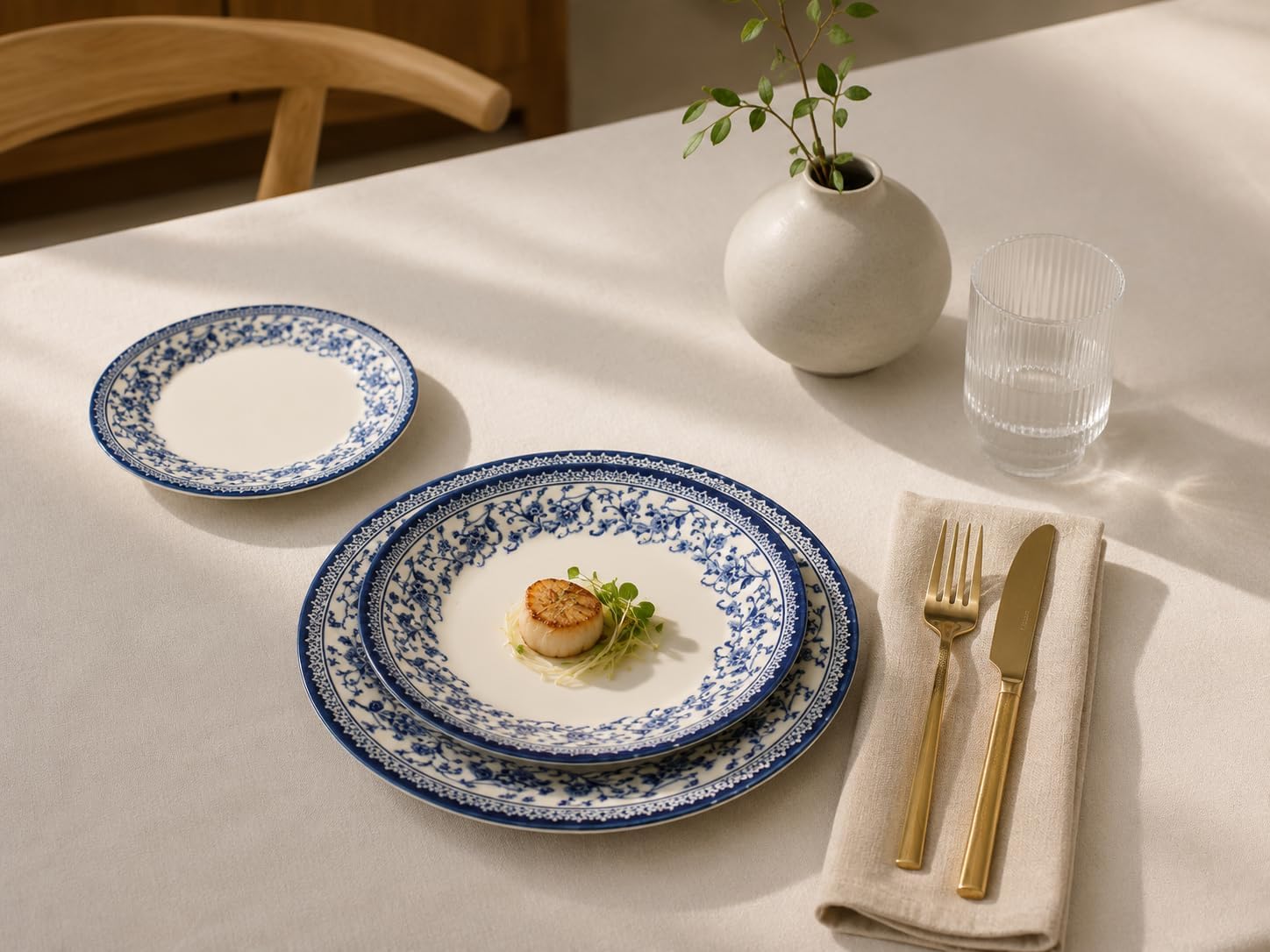 Tudor England Royal 12-Piece Porcelain Dinnerware Set for 4, Aster Blue Floral Design, Dinner Plates, Salad Plates and Soup Bowls, Dishwasher and Microwave Safe