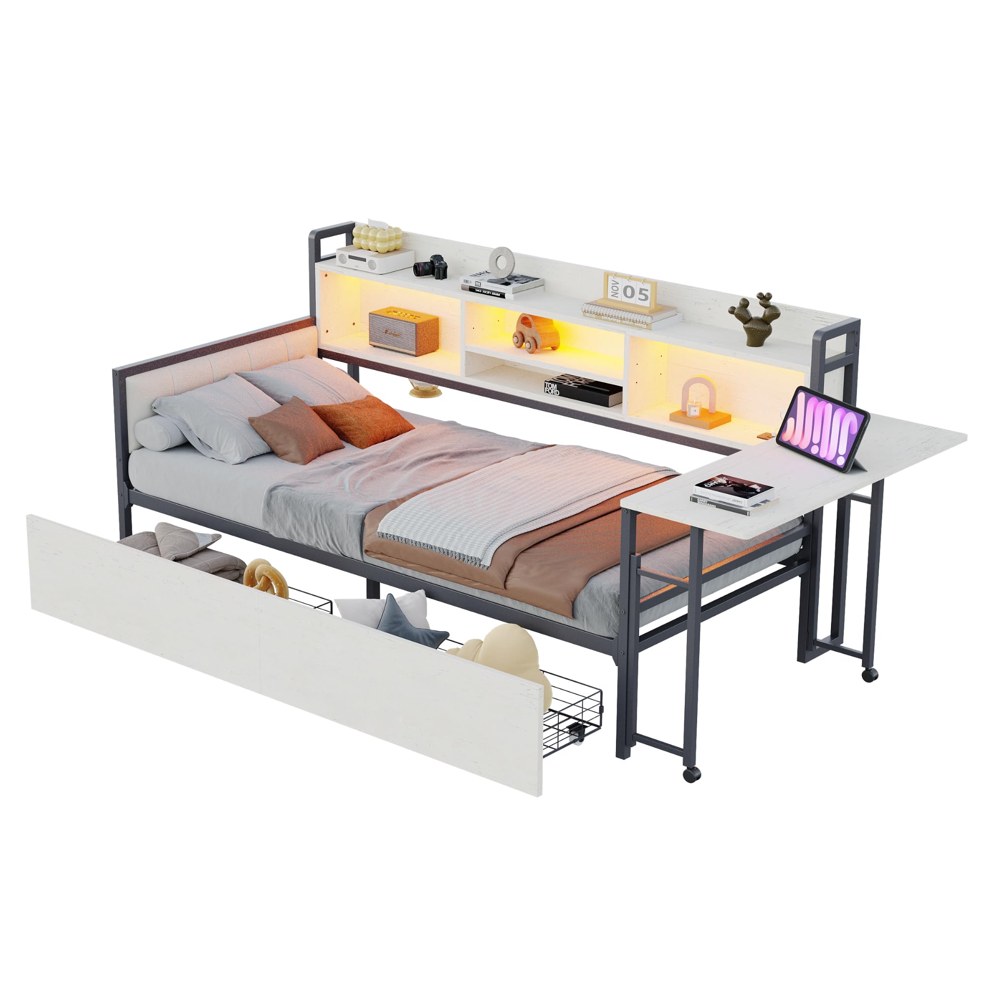 Lcoho Divano letto in ferro 90 x 200 cm, con illuminazione a LED e spazio di archiviazione, con cassetti e presa multifunzionale, scrivania pieghevole, schienale morbido, letto singolo (bianco)