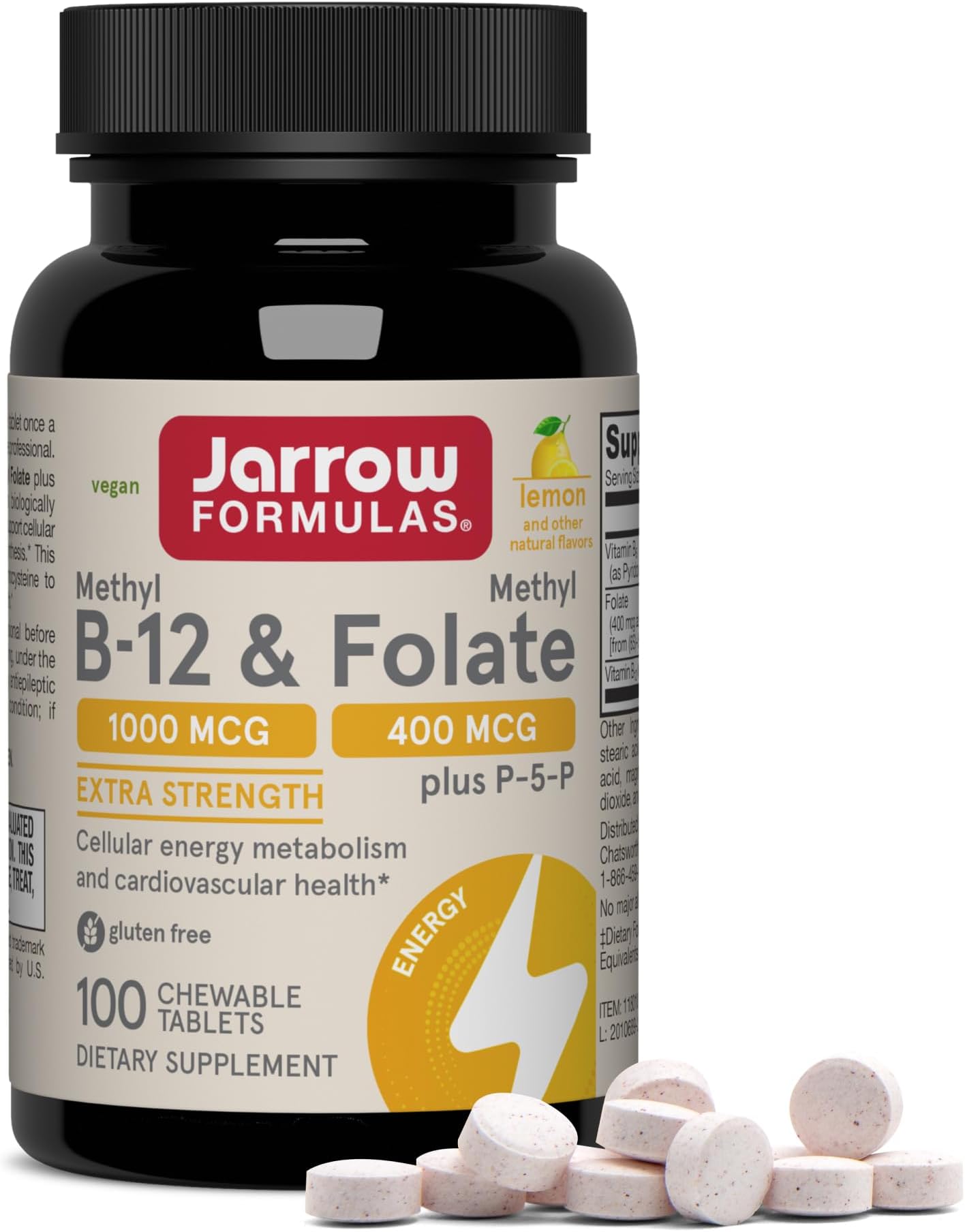 Methyl B-12 & Methyl Folate, Bioactive Vitamin B9 & Vitamin B12 Supplement, Supports Cellular Energy Production, Healthy Brain Function & Metabolism, 100 Chewable Tablets, 100 Servings