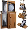 Samsung Galaxy Z Flip 5 Case, Trifold Leather Wallet Phone Case with Shoulder Strap & Card Holder Leather Pocket Phone Case Brown