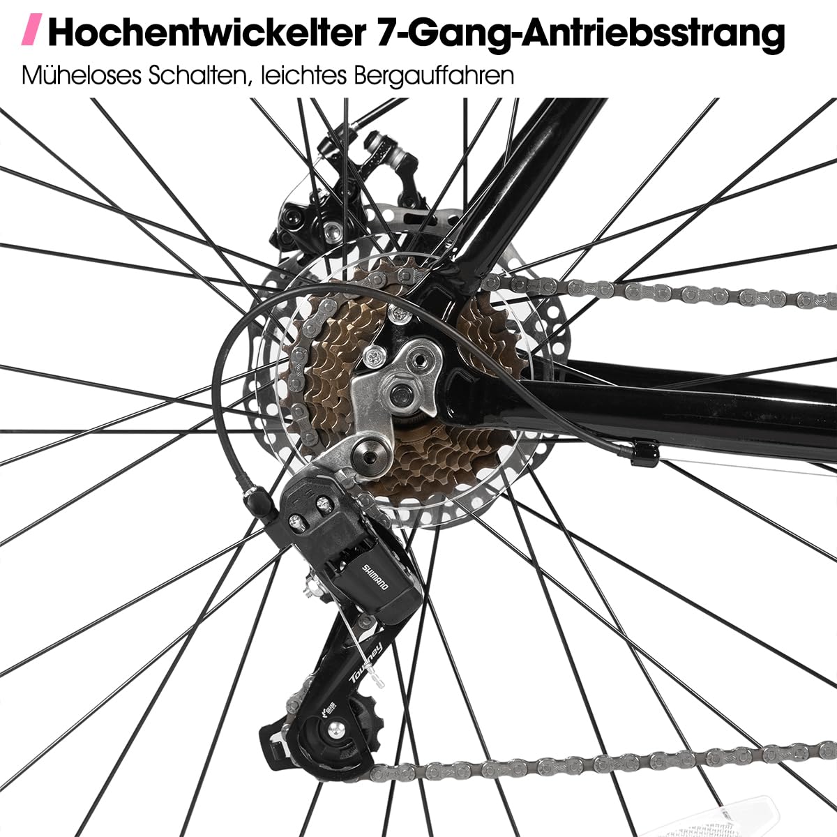 HILAND Bicicleta de Carretera 28 Pulgadas 700C, Bicicleta Urbana de Aluminio con 7 Velocidades y Frenos de Disco, Bicicleta de Ciudad Cómoda para Hombre y Mujer, Negra
