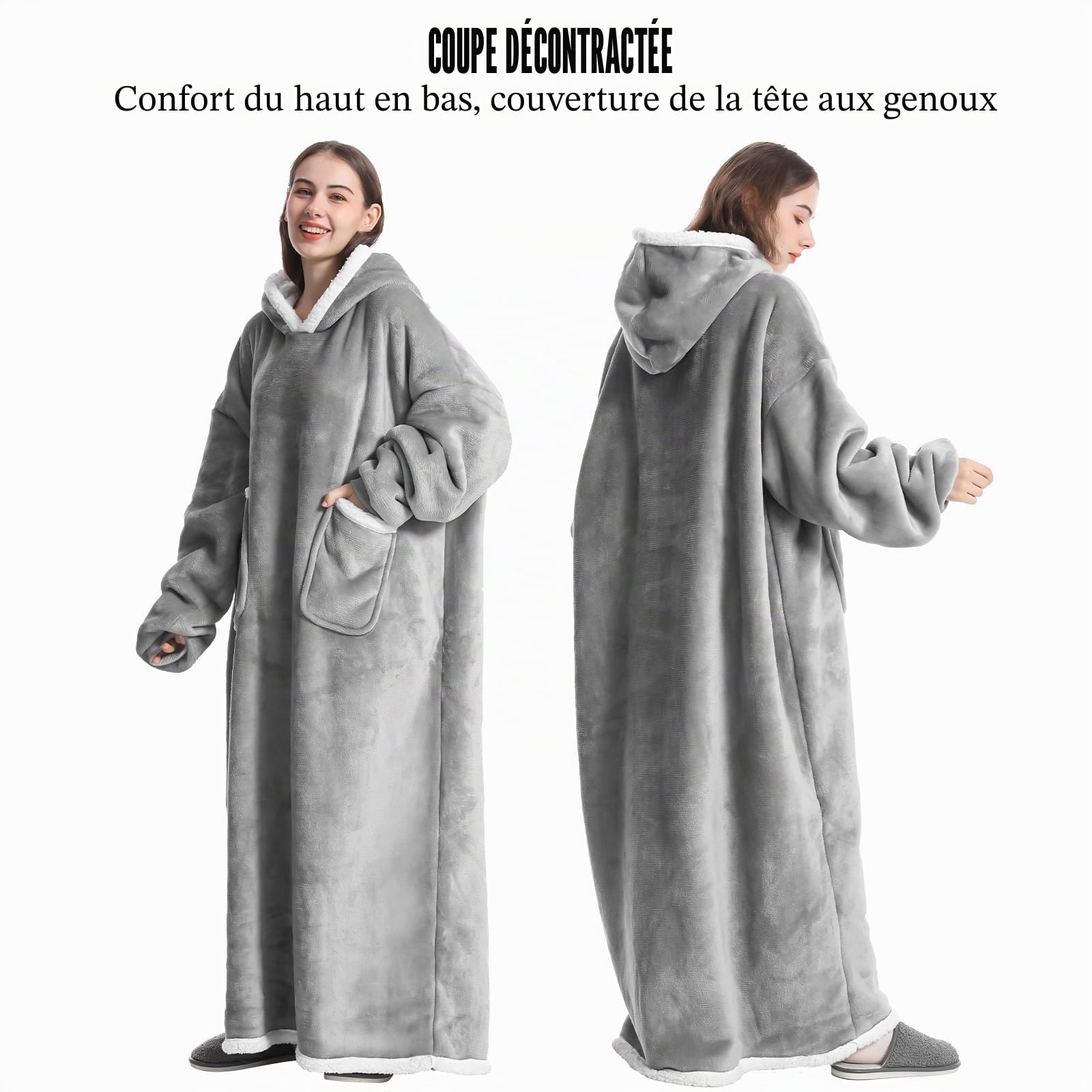 Emwwat Couverture à capuche extra longue surdimensionnée en Sherpa pour homme et femme, couverture à capuche prête-à-porter avec manches et poche géante (gris, 150 cm de long)