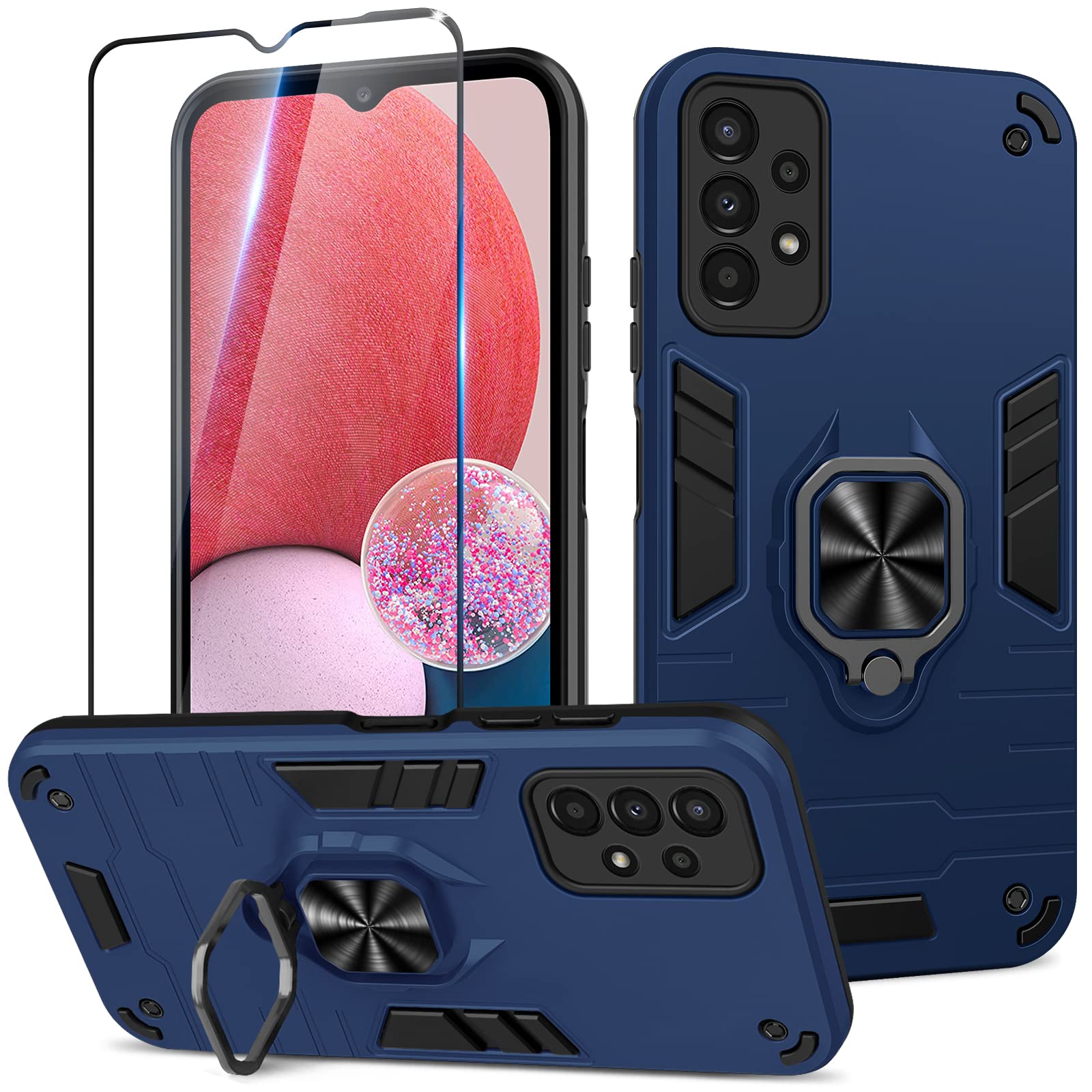 Funda para Samsung Galaxy A13 4G con Cristal Templado Protector Pantalla, Carcasa Antigolpes con Soporte anular metálico, Case Protectora de Grado Militar, Negro — view 170