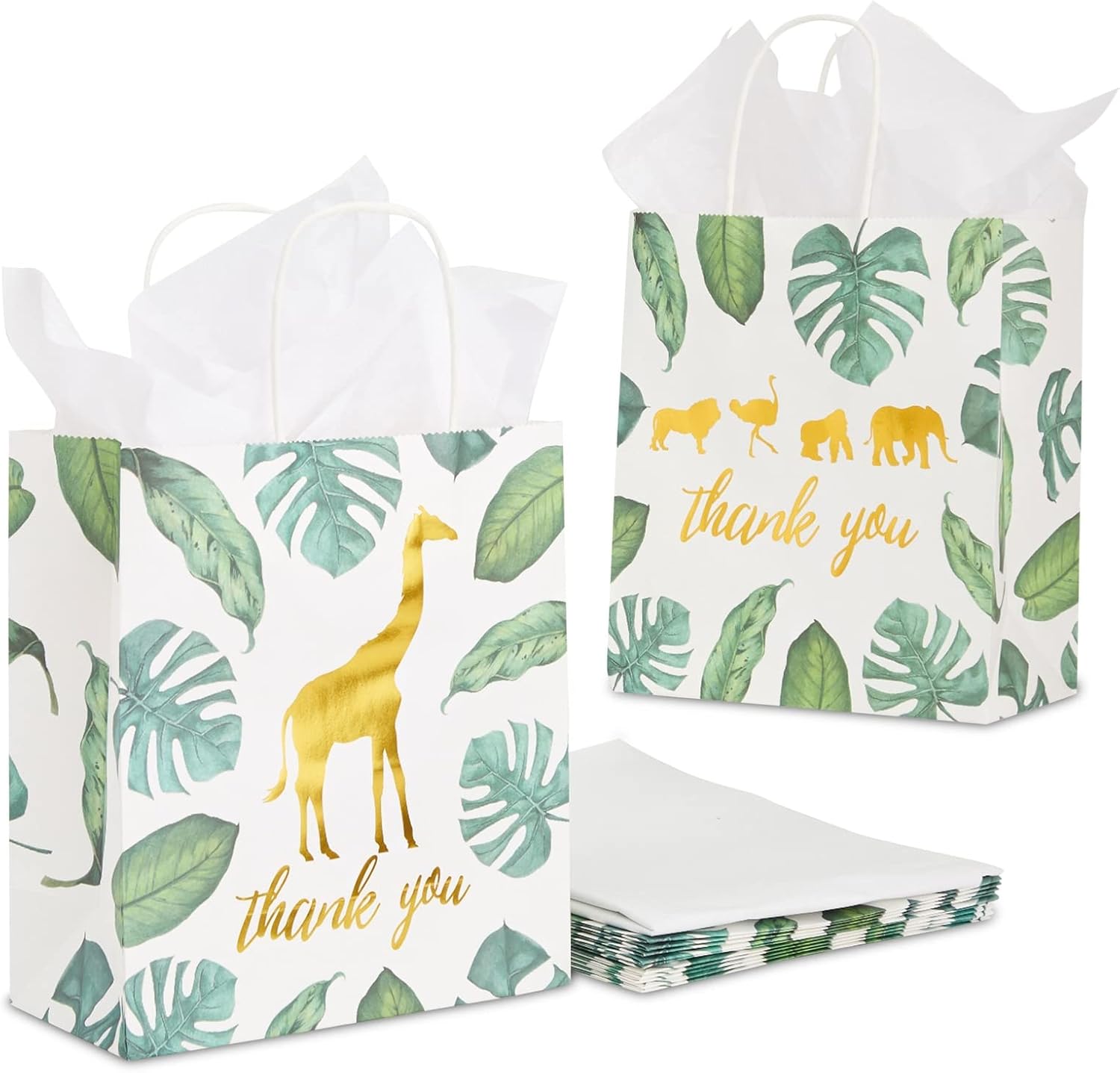 Juvale 12 Pack Safari Thank You Bags with Tissue Paper, Wild One 1st Birthday Themed Decorations for Girls and Boys (8 x 9 x 4 In)