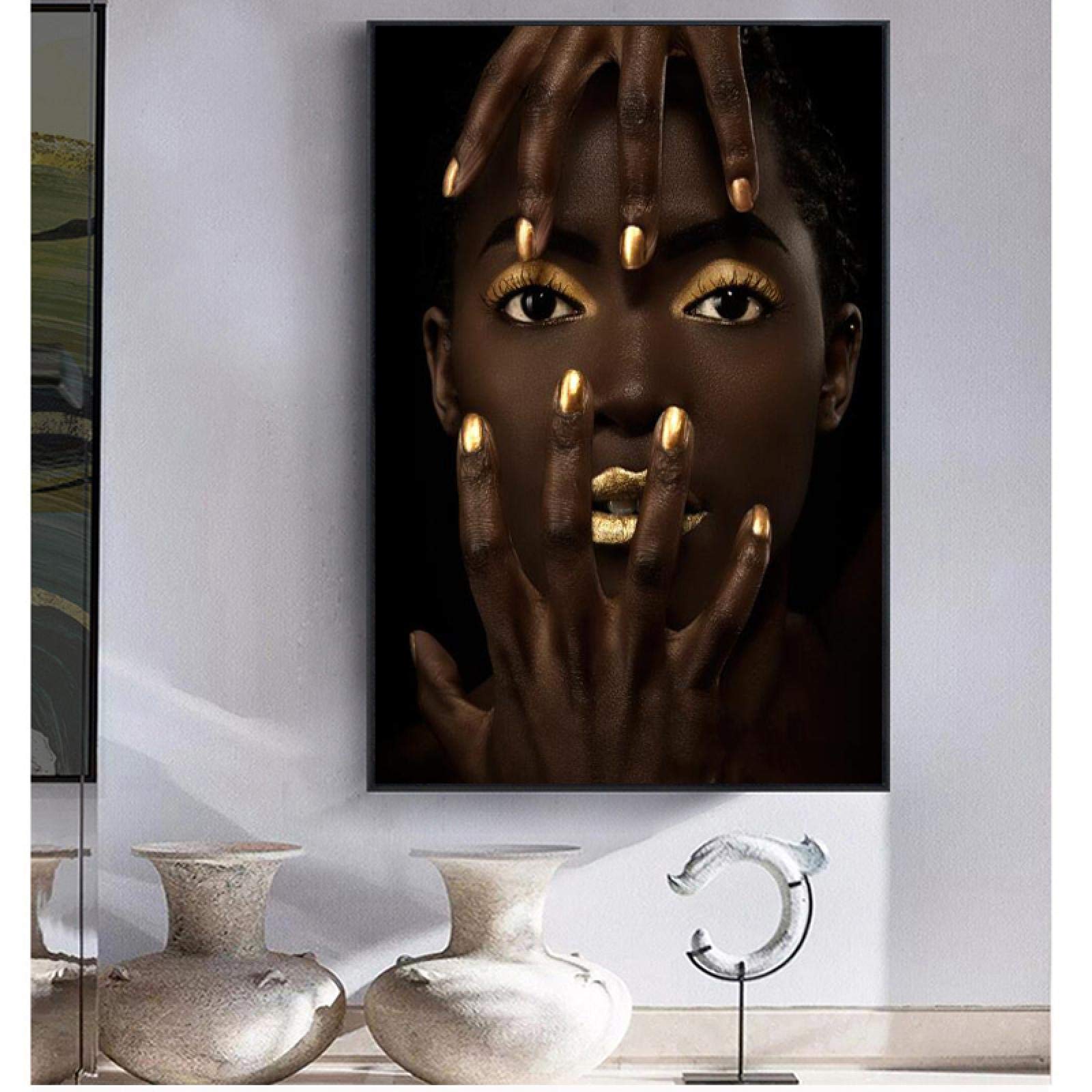 Yanyan Art Poster und Drucke, Wandkunst, Leinwand, Gemälde, dunkelhäutiges Mädchen mit goldenem Make-up, Porträt, Kunstbild, Wohnzimmer, Heimdekoration, 70 x 90 cm (28 x 35 Zoll) Innenrahmen