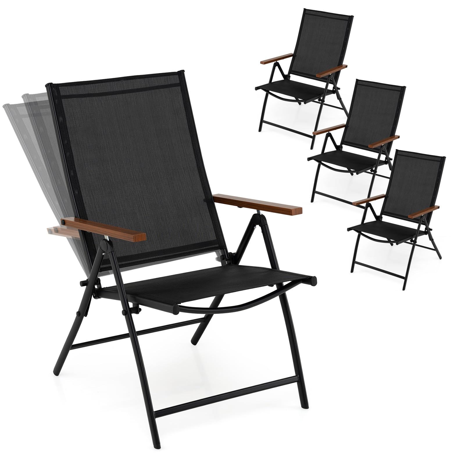 COSTWAY Folding Garden Chairs Set of 2/4, Breathable Fabric Outdoor Dining Chairs with 5-Position Adjustable Backrest & Armrests, Metal Recliner Patio Camping Chair (4, Black, 58 ร 71 ร 100cm)