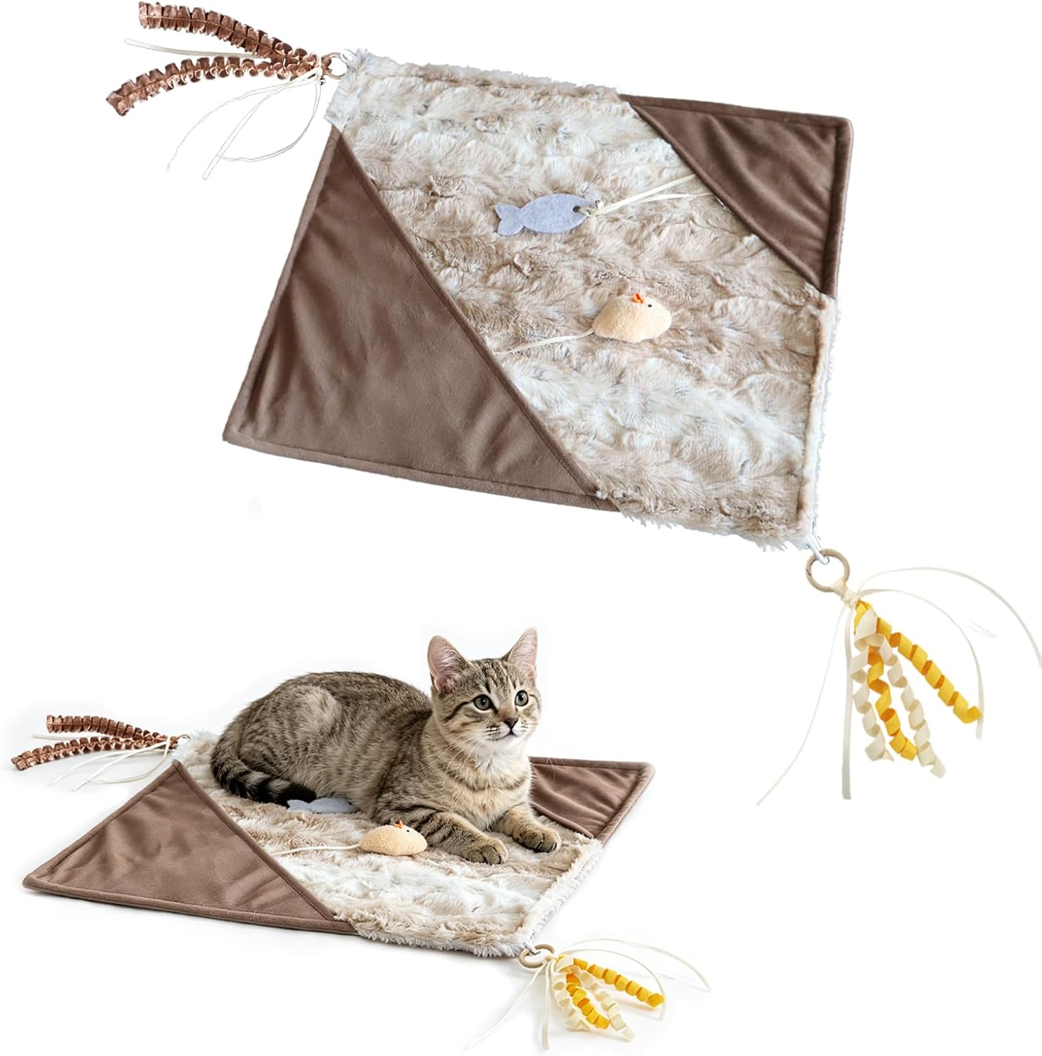 Cat Crinkle Mat with Mouse Toy,14x16" Interactive Cats Play Mat with Catnip | Kitten Activity Mat with Bell Enrichment Cat Toys for Indoor with Non-Slip Bottom Play Bed for Sleeping Snuffing Playing,Grey