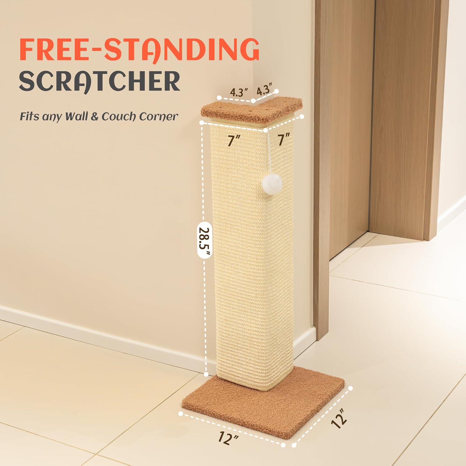 PETKARAY Couch Corner Cat Scratcher, 28.5" Sisal Scratching Post for Indoor Cats, Corner Wall Scratch Pad for Furniture Protection, Plush Base, Large