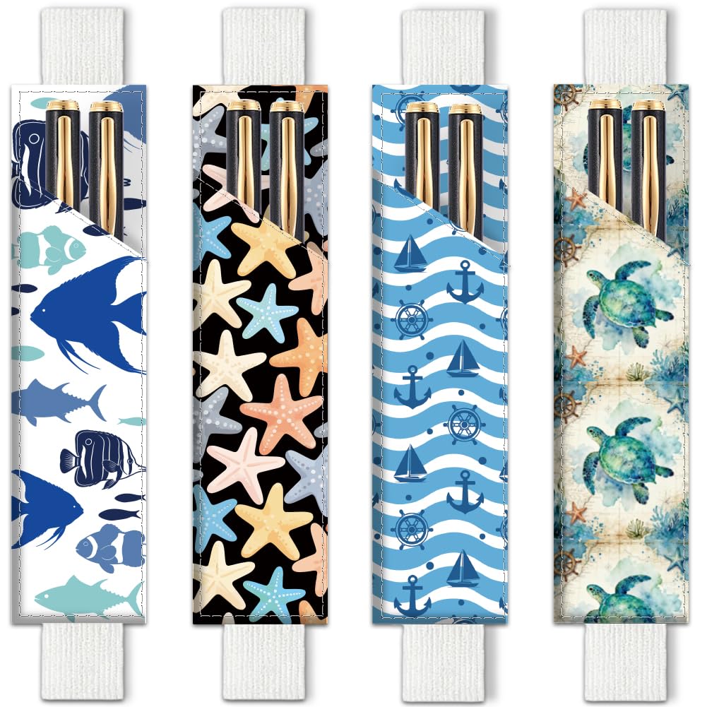 PRESSINART 4Pcs 4 Styles Elastic Pen Holder for Notebook 20 x 4.5cm Leather Pen Case Fish Ocean Theme Compatible Adjustable Band Leather Pen Pouch Sleeve for Journal Bible Planner Diary Office Use