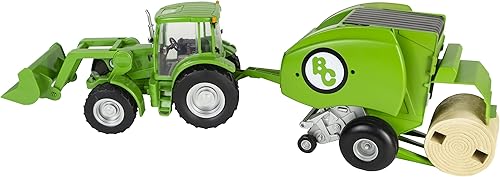 Big Country Toys Paquete de tractor y empacadora, escala 120, juguetes de granja, tractor de juguete verde, bala de heno con agujeros, plástico