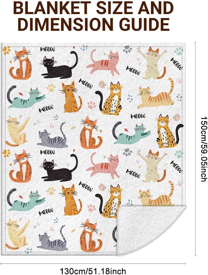 WADORN Cute Cat Print Blanket, 500GSM，59"x51" Cartoon Kitten Throw Blankets for Cat Lovers Gifts Soft Flannel Plush Blankets Full Seasons Cozy Fuzzy Blanket for Bedroom Living Room Sofa Couch