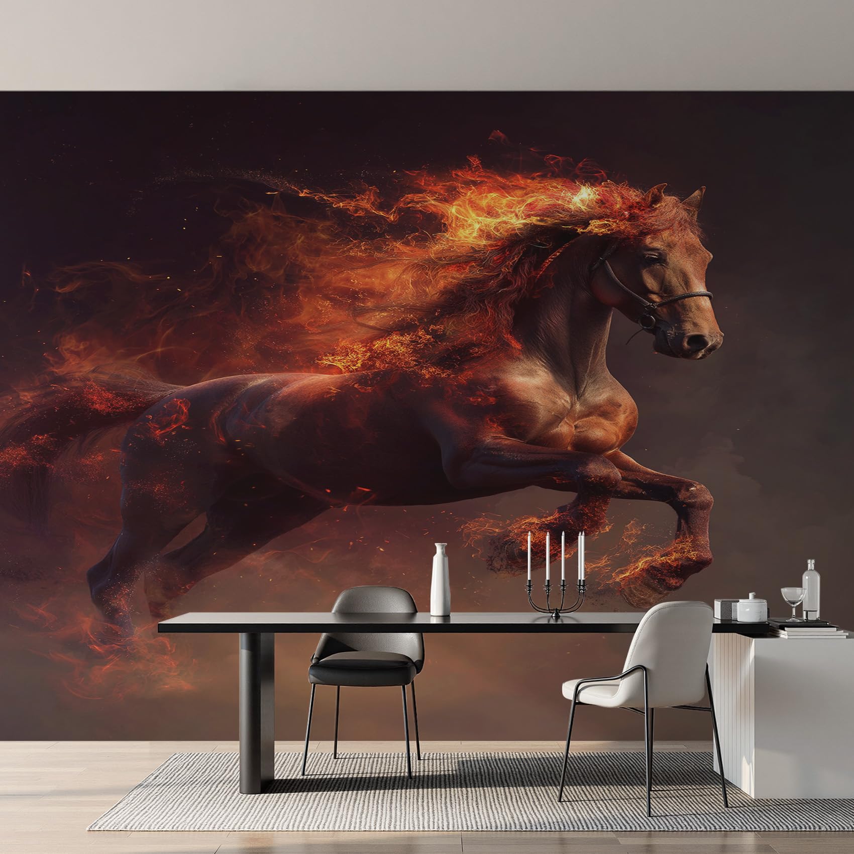 Papier peint cheval galopant feu déco murale géante pour chambre ado