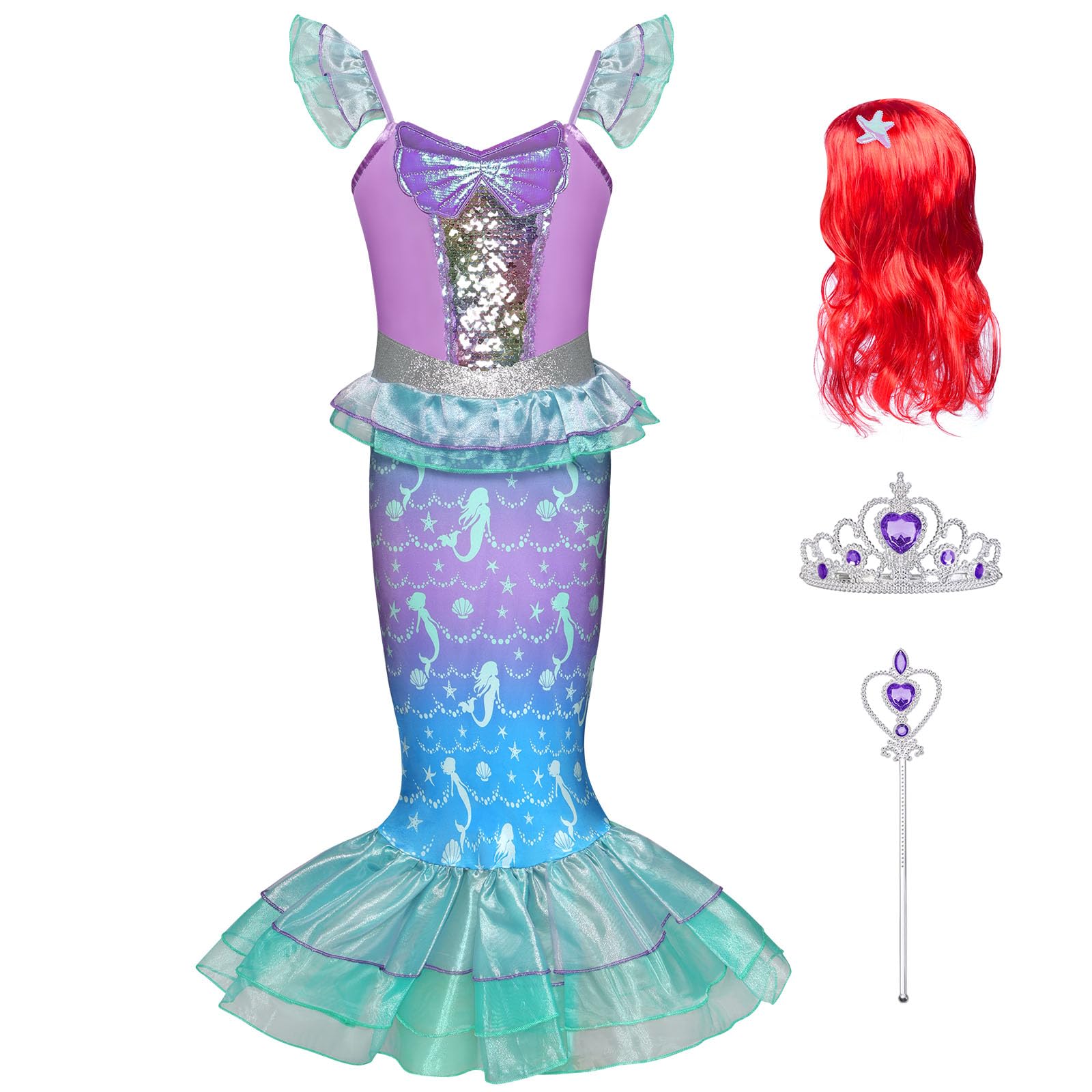 AYBUY Vestito Principessa Sirena, Vestito Sirena Ragazza con Parrucca, Costume da Sirenetta Vestito con 3 pezzi Accessori per Halloween, Natale, Cosplay, Compleanno