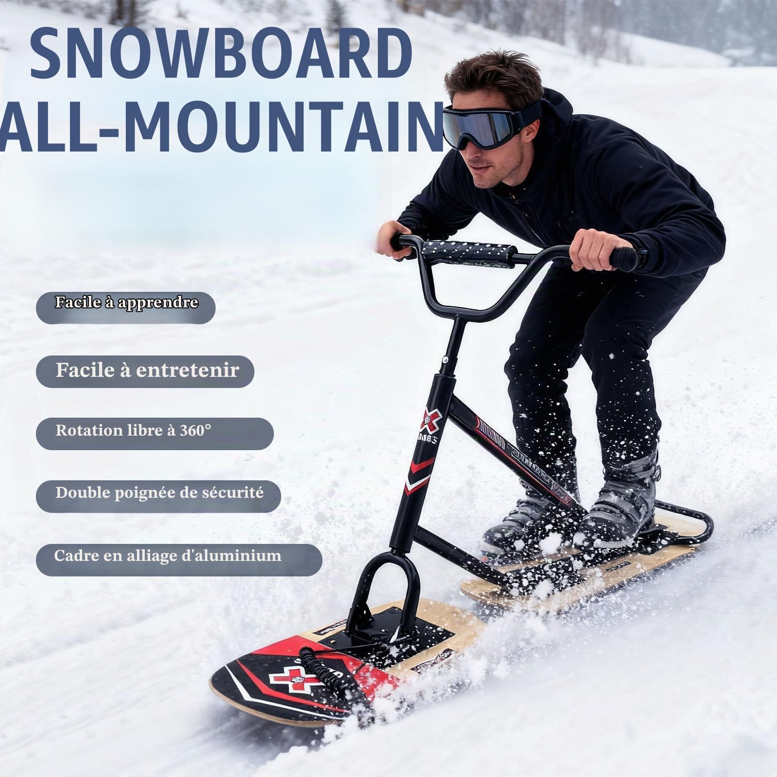 Trottinette des Neiges pour Adultes & Adolescents | Ski Arrière Rotatif 360° | Cadre en Aluminium Renforcé | Luge Tout-Terrain pour Le Hors-Piste, Les Pentes Damées & L'Aventure Neigeuse Black