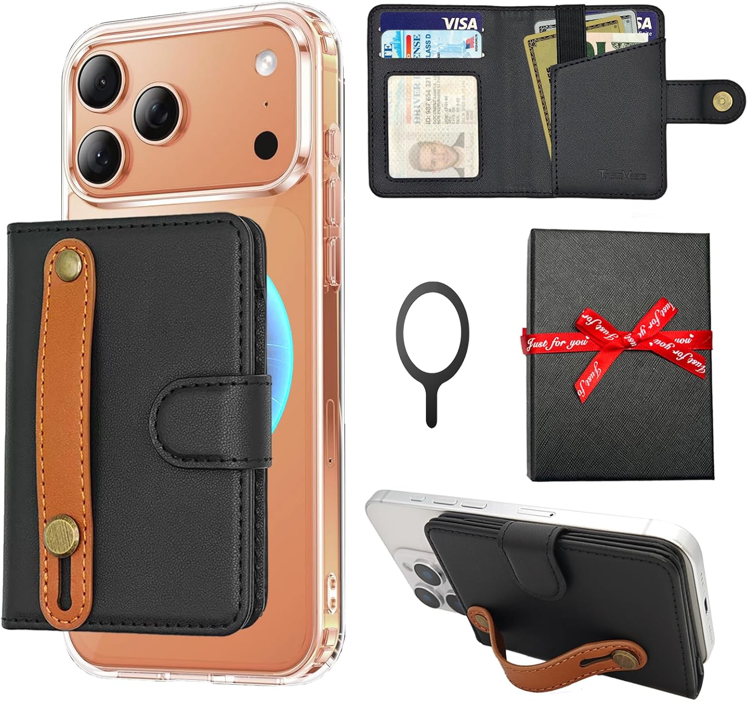 for MagSafe Phone Wallet Magnetic Card Holder for iPhone 17/16/15/14/13/12/Pro/Max/Plus,RFID Blocking Strong Magnet Wallets for MagSafe Phones and Cases,Hold 5 Cards,Strap Stand Leather Black