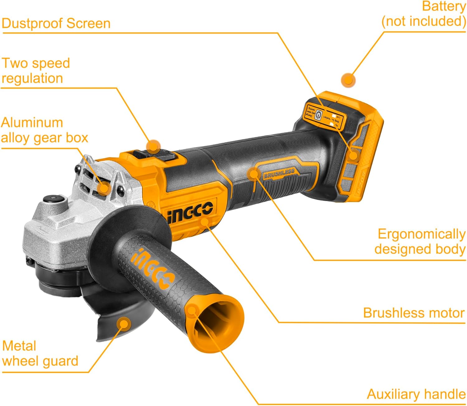 Diagram showing components of the Ingco Angle Grinder, including dustproof screen, two-speed regulation, aluminum alloy gearbox, brushless motor, metal wheel guard, auxiliary handle, ergonomically designed body, and battery slot.