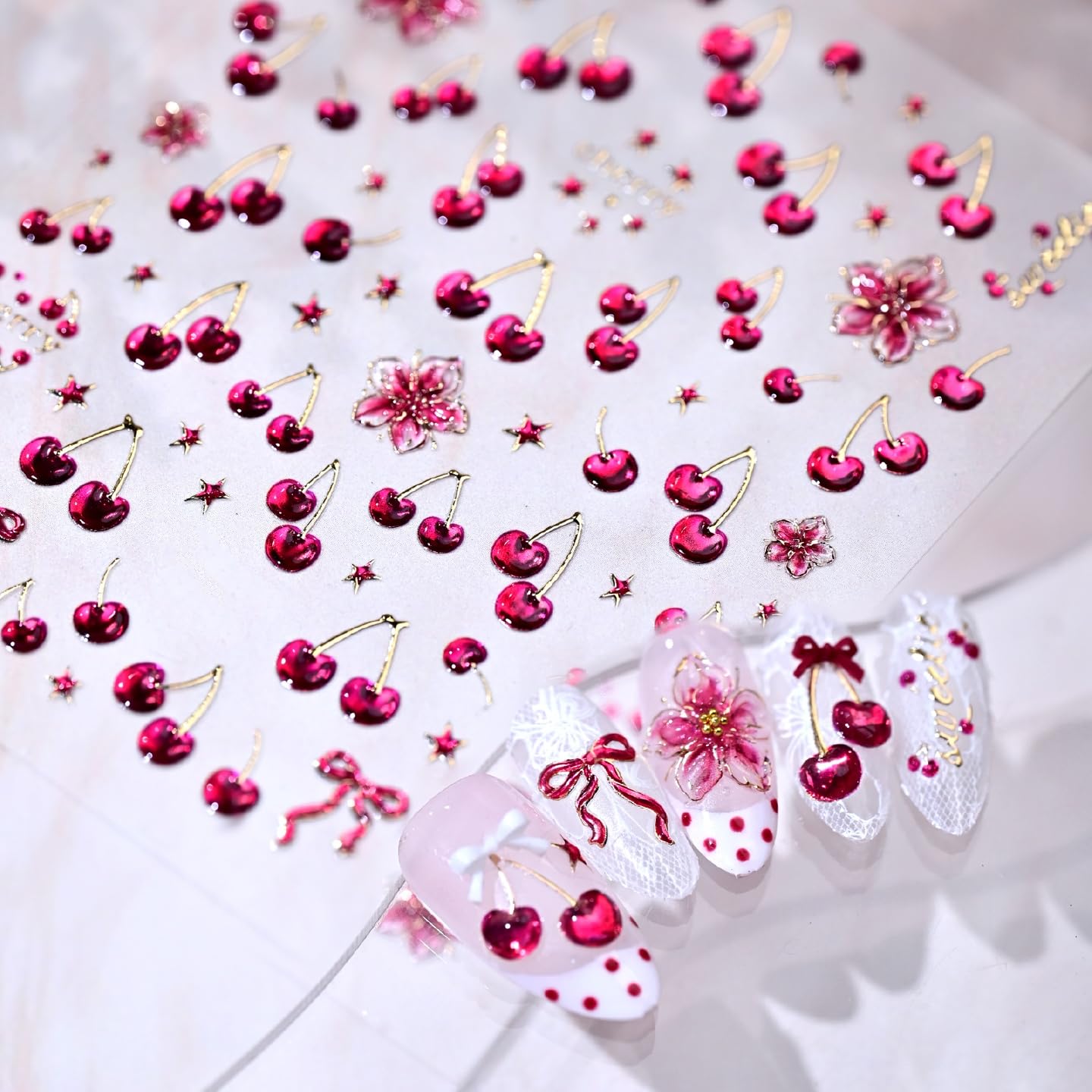 Photo 1 of 1 Sheet Red Cherry Nail Art Stickers 5D Embossed Cherry Flower Bow Nail Decals Cute Summer Fruits Nail Stickers for Art Hawaiian Flower Wine Red Cherry Nail Design for Women DIY Summer Manicure Design
