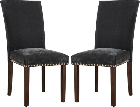 COLAMY Upholstered Parsons Dining Chairs Set of 2, Fabric Dining Room Kitchen Side Chair with Nailhead Trim and Wood Legs - F-Black