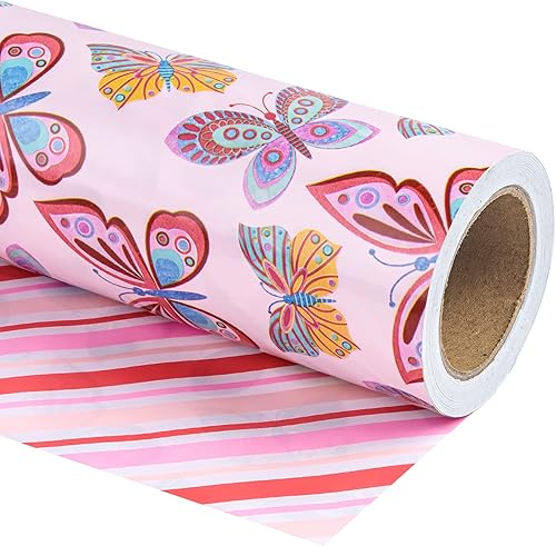 WRAPAHOLIC Papel de regalo reversible, mini rollo, 17 pulgadas x 33 pies, diseño de mariposa, perfecto para cumpleaños, fiestas, vacaciones, bodas,