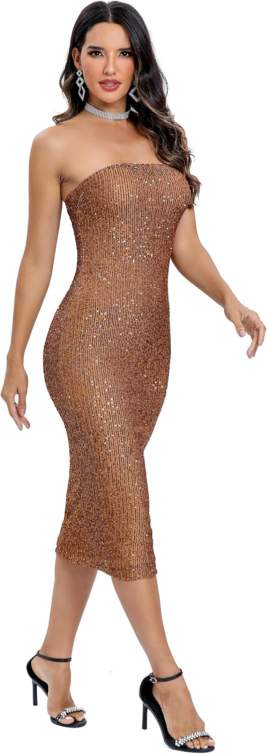 Capuffy Women Strapless Sequin Fantasy Midi Dress Sleeveless Tube Bodycon Club Dress Sparkly Glitter Cocktail Party Dress 77 - Image 4