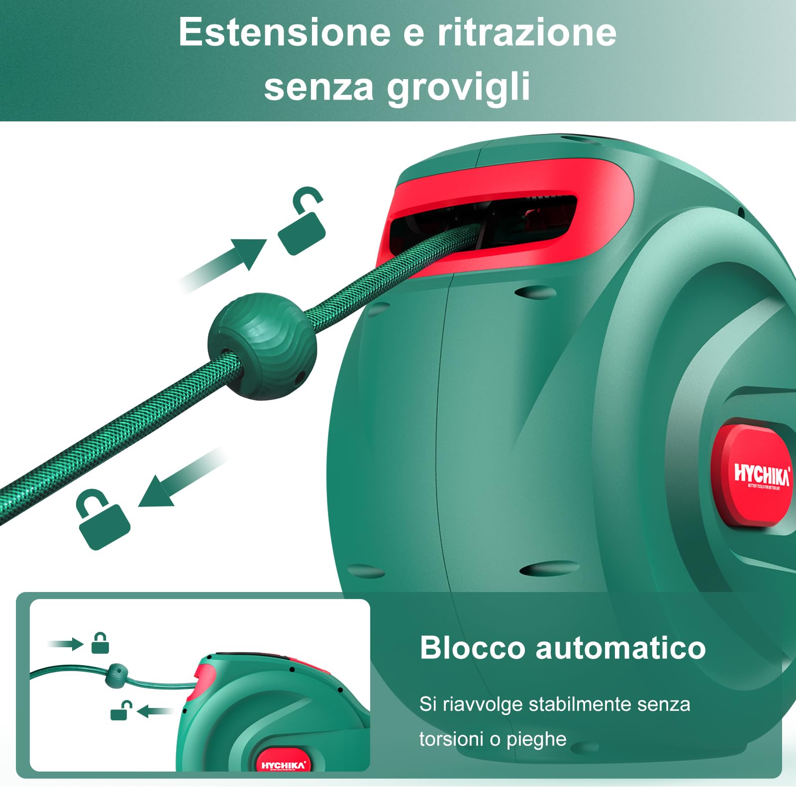 HYCHIKA Avvolgitubo da Giardino 30M - Aria Compressa Avvolgitubo Retrattile con Blocco Automatico, Ugello a 8 Funzioni, 180° Giro, Conservazione Sicura per Tubi d'Innaffiamento Esterni