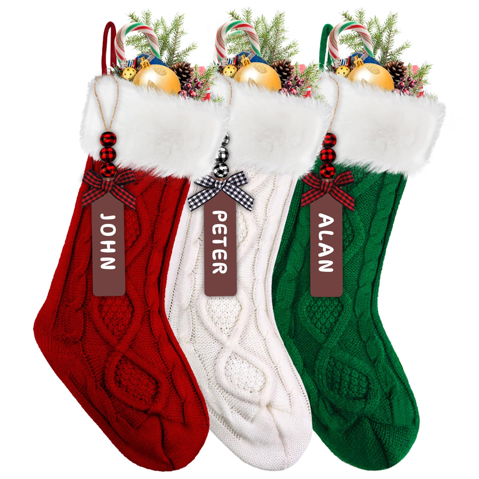 JOLCEEY 3pcs Christmas Stockings, 18 Inch Large Knit Christmas Stockings Personalized Xmas Hanging Stocking Decorations with Name Tags for Christmas Fireplace Tree Decorations