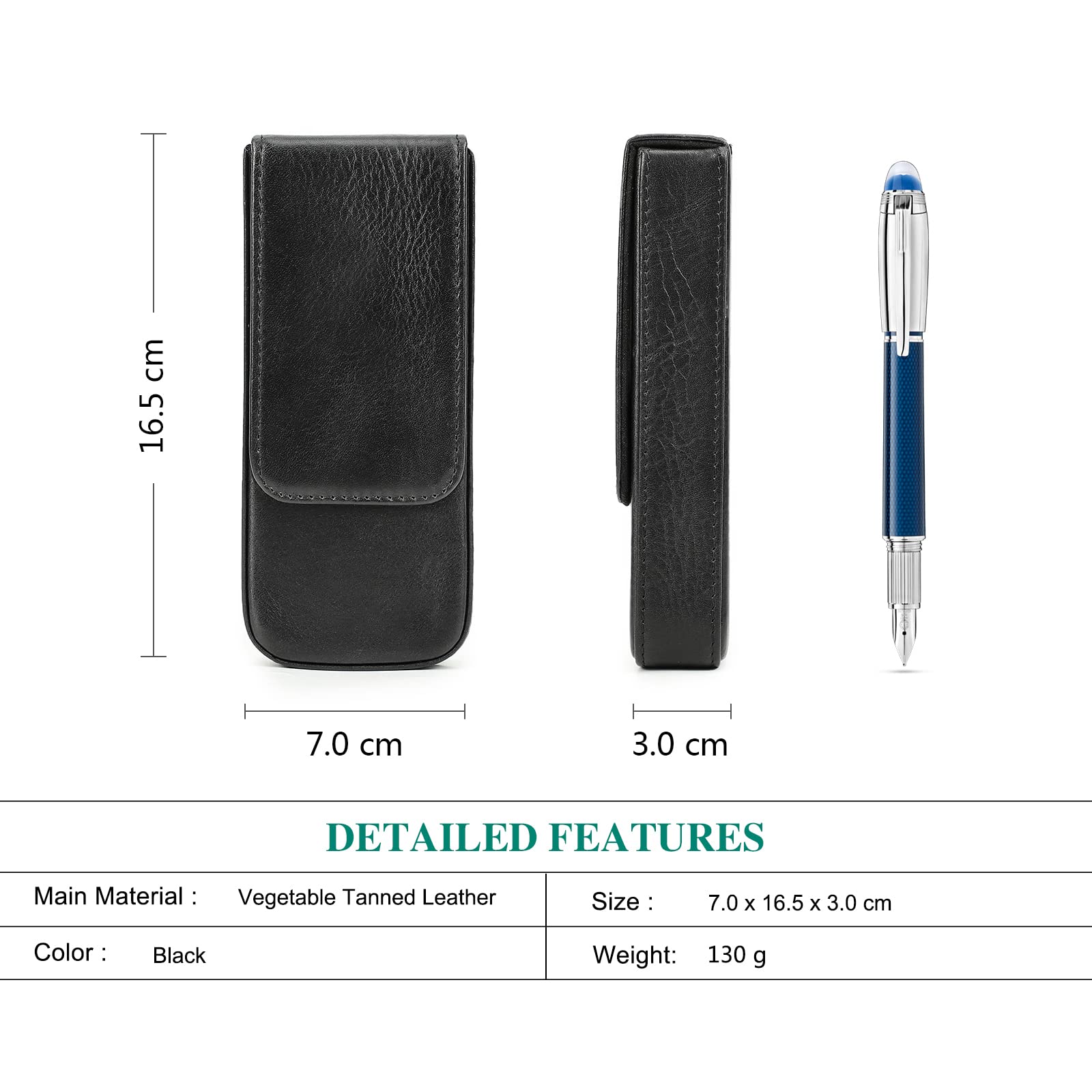 Hiram Étui portable en cuir pour stylos avec fermeture magnétique cachée et bac à stylos, design amovible, Noir , For 3 Pens