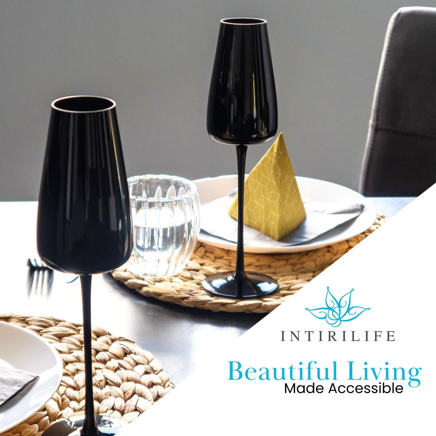 INTIRILIFE 6x Champagner Glas mit modernen Design in Schwarz- 220 ml Füllmenge - Sekt Prosecco Glas Spülmaschinenfest Kristallglas stoßfest