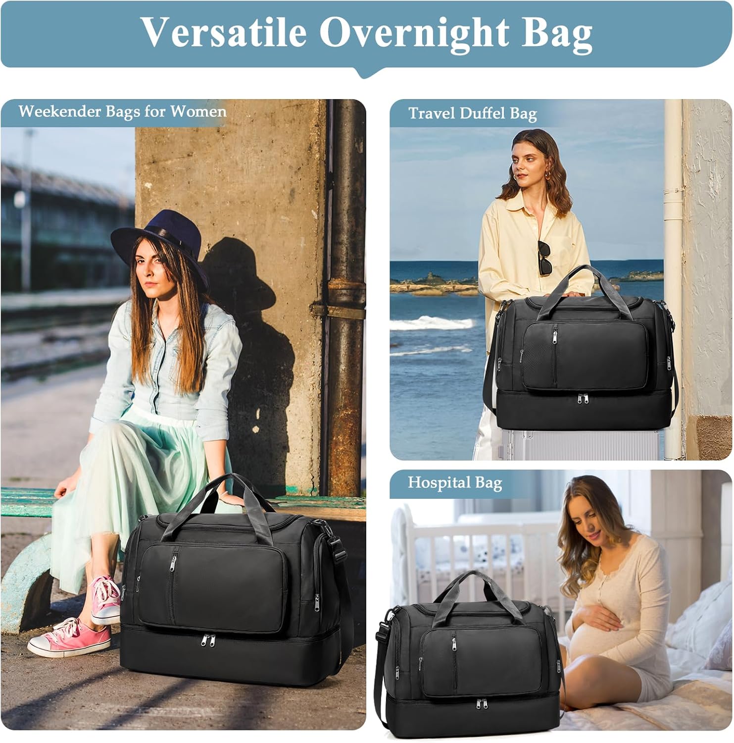Travel Duffle Bag, Weekender Bags for Women,Carry On Overnight Personal Item Travel Bag with Shoes Compartment,Black